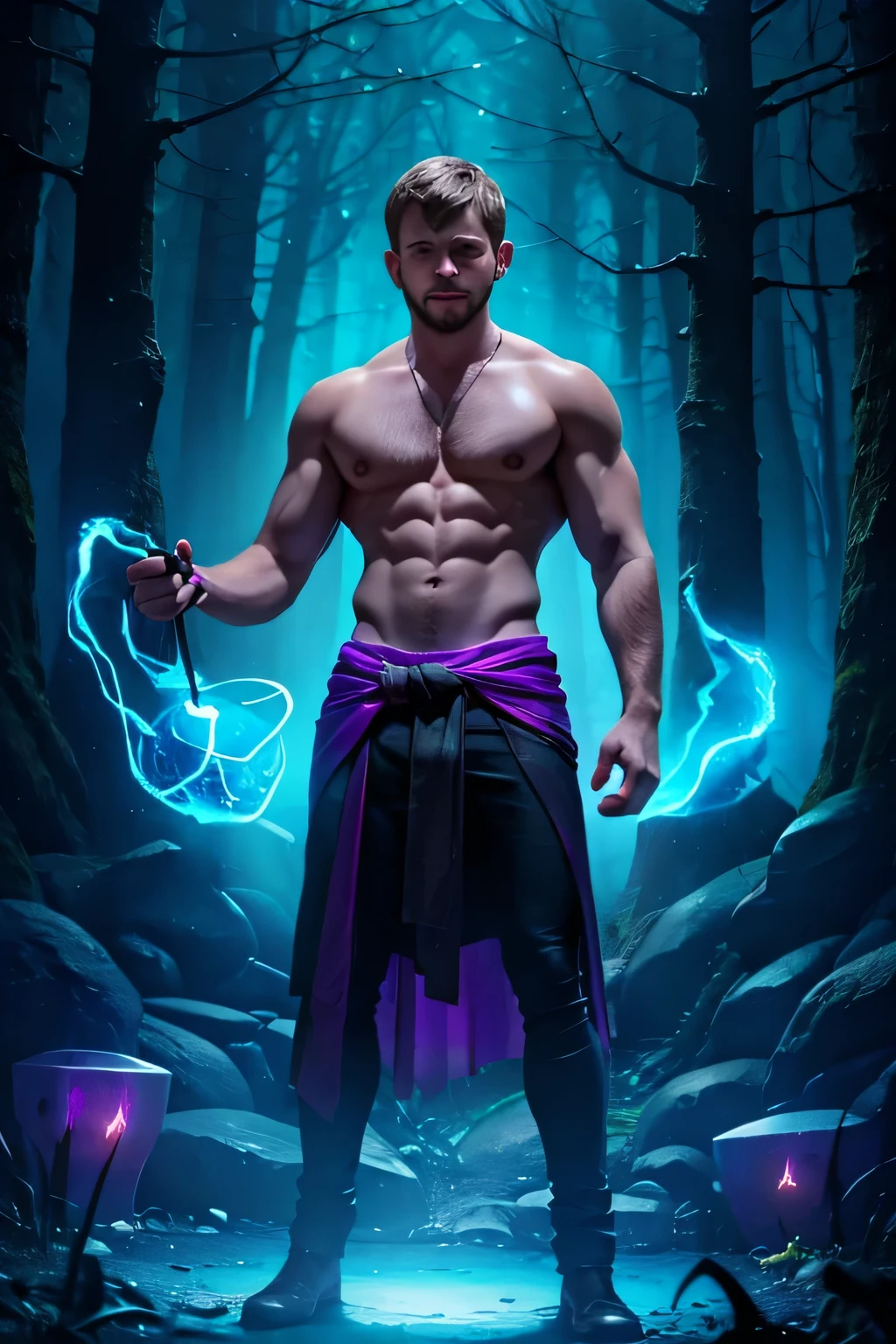 Max Thieriot big muscles cauldron casting spells magic witchcraft at night in the woods supernatural cyan purple magenta glow masterpiece full body wide shot 8k