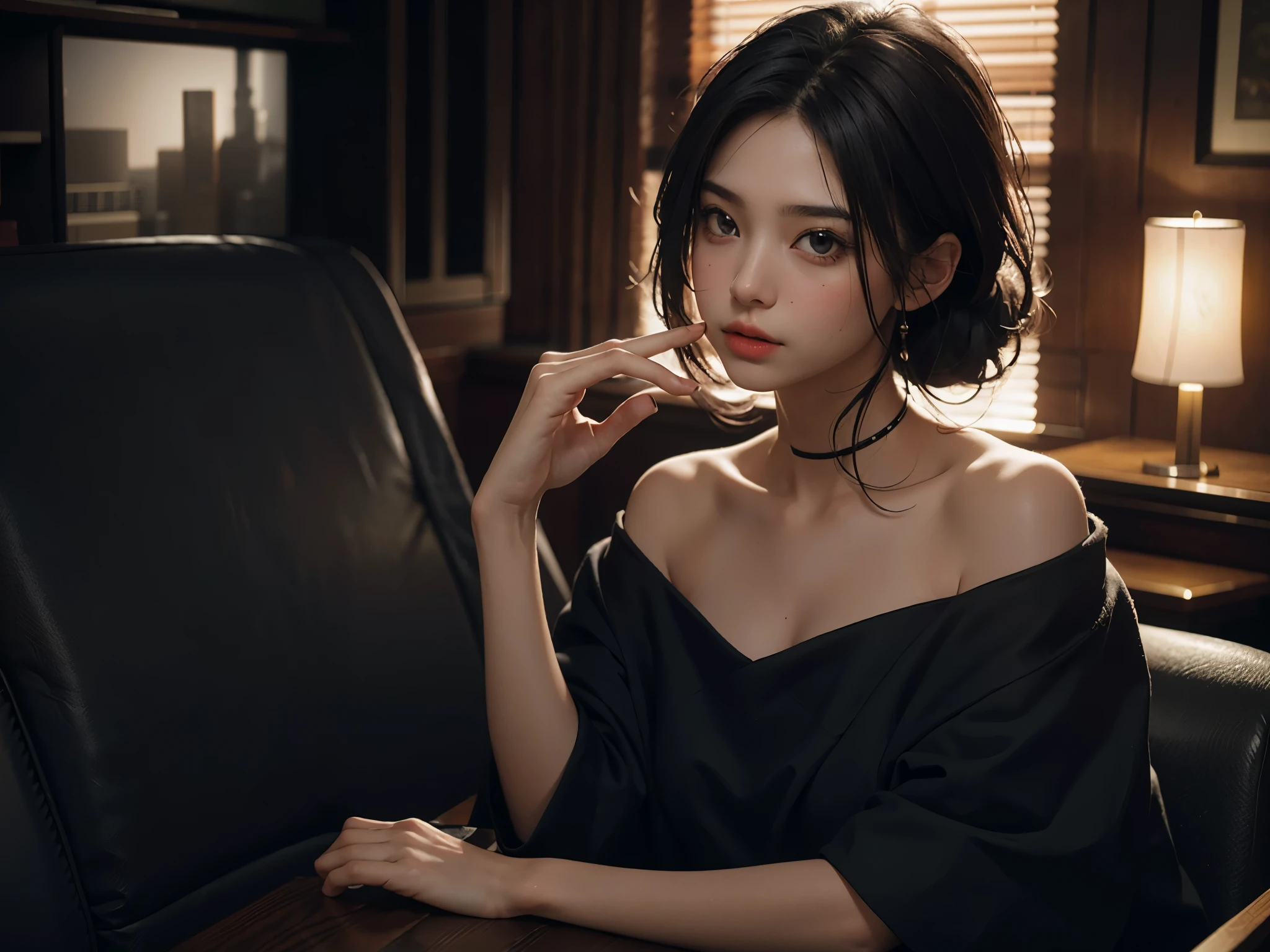 1 girl, Best quality, masterpiece, ultra high res, (photorealistic:1.4), raw photo, 1girl, beautiful off shoulder dress, cinematic lighting, half body view, half body shot