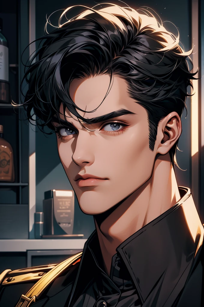 There is a young man, with black hair, staring to the side, with gloomy air, masterpiece, best quality, realistic, 1 man, male focus, handsome, [thick eyebrows], portrait, extremely detailed face, black hair, (short hair)