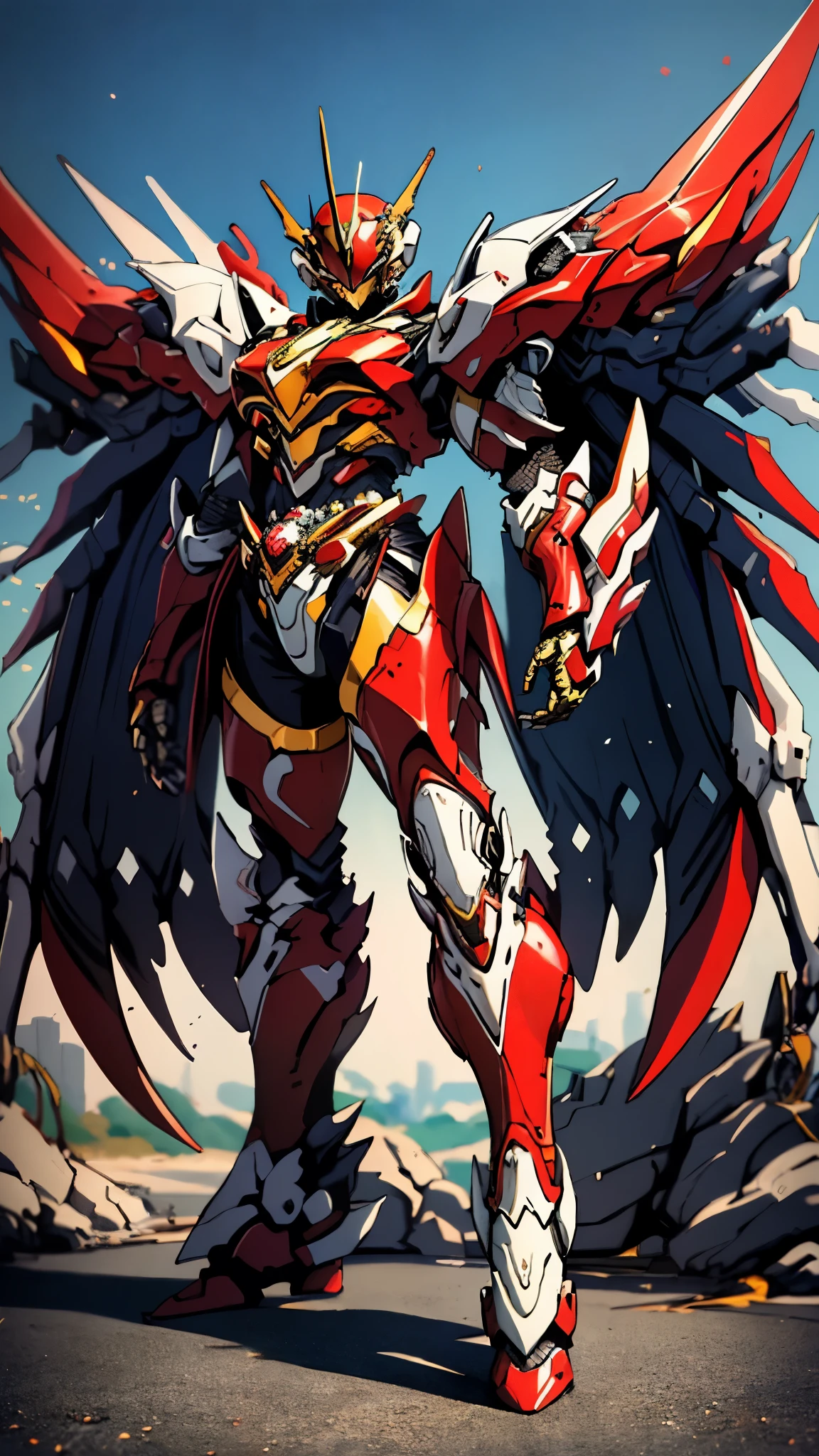 A woman adorned in fantasy-style full-body armor, a crown-concept fully enclosed helmet that unveils only her eyes, a composite layered chest plate, fully encompassing shoulder and hand guards, a lightweight waist armor, form-fitting shin guards, the overall design is heavy-duty yet flexible, ((the armor gleams with a golden glow, complemented by red and blue accents)), exhibiting a noble aura, she floats above a fantasy-surreal high-tech city, this character embodies a finely crafted fantasy-surreal style armored hero in anime style, exquisite and mature manga art style, (Queen bee mixed with Spider concept Armor, plasma, blood), ((Element, energy, elegant, goddess, femminine:1.5)), metallic, high definition, best quality, highres, ultra-detailed, ultra-fine painting, extremely delicate, professional, anatomically correct, symmetrical face, extremely detailed eyes and face, high quality eyes, creativity, RAW photo, UHD, 32k, Natural light, cinematic lighting, masterpiece-anatomy-perfect, masterpiece:1.5