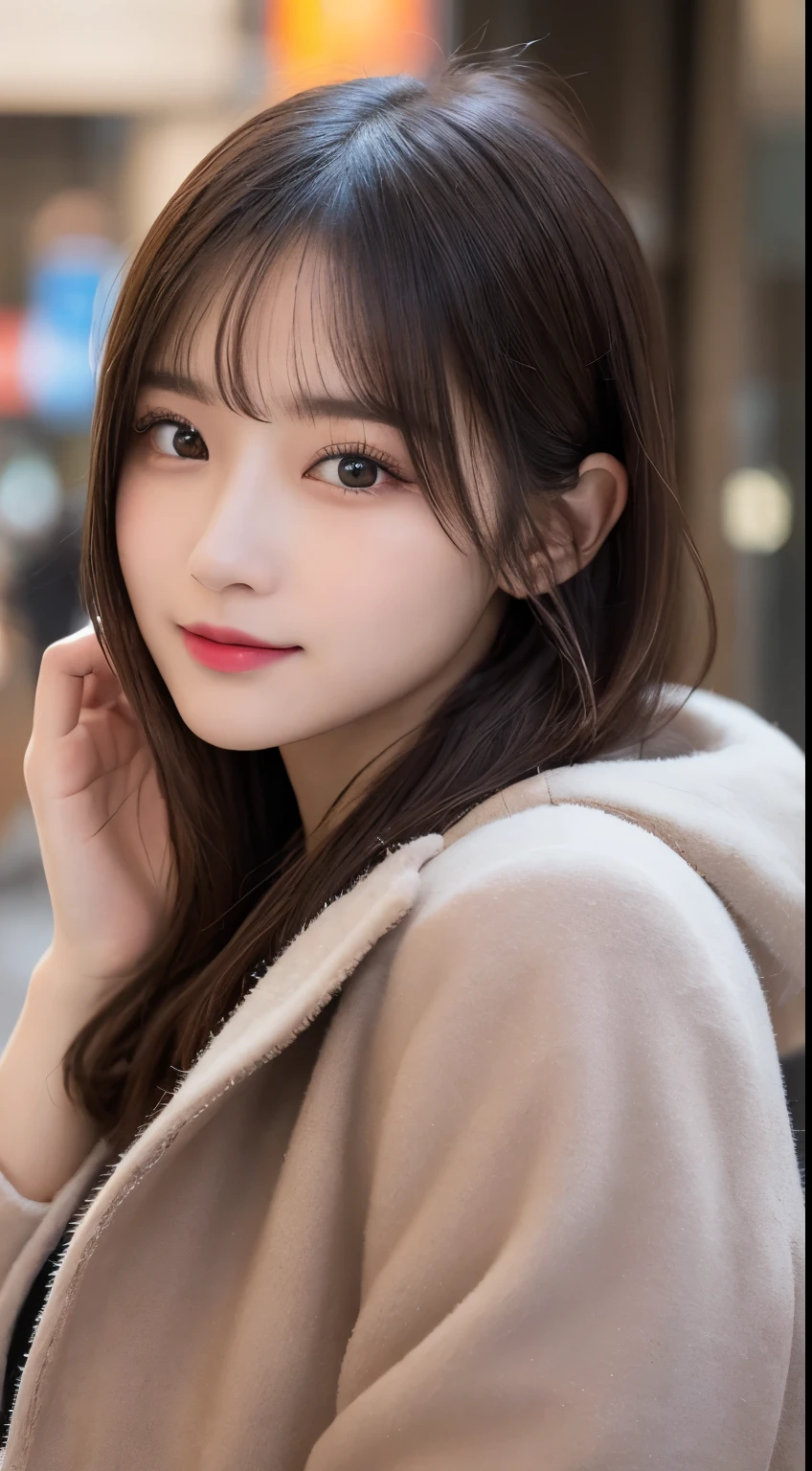 table top, highest quality, shape, Super detailed, finely, High resolution, 8k wallpaper, 完璧なダイナミックな構shape, beautiful and detailed eyes, Gorgeous black fluffy Tokyo winter clothes,ランダムなcute髪,,natural color lip, bold sexy pose,smile、20 year old girl、cute、sexy shot looking at camera,Always blur the background,perfect and beautiful face,Take only the face,beautiful and detailed face、slim face and style,Big eyes、do gal makeup,small face,Wearing a luxury brand mink coat
