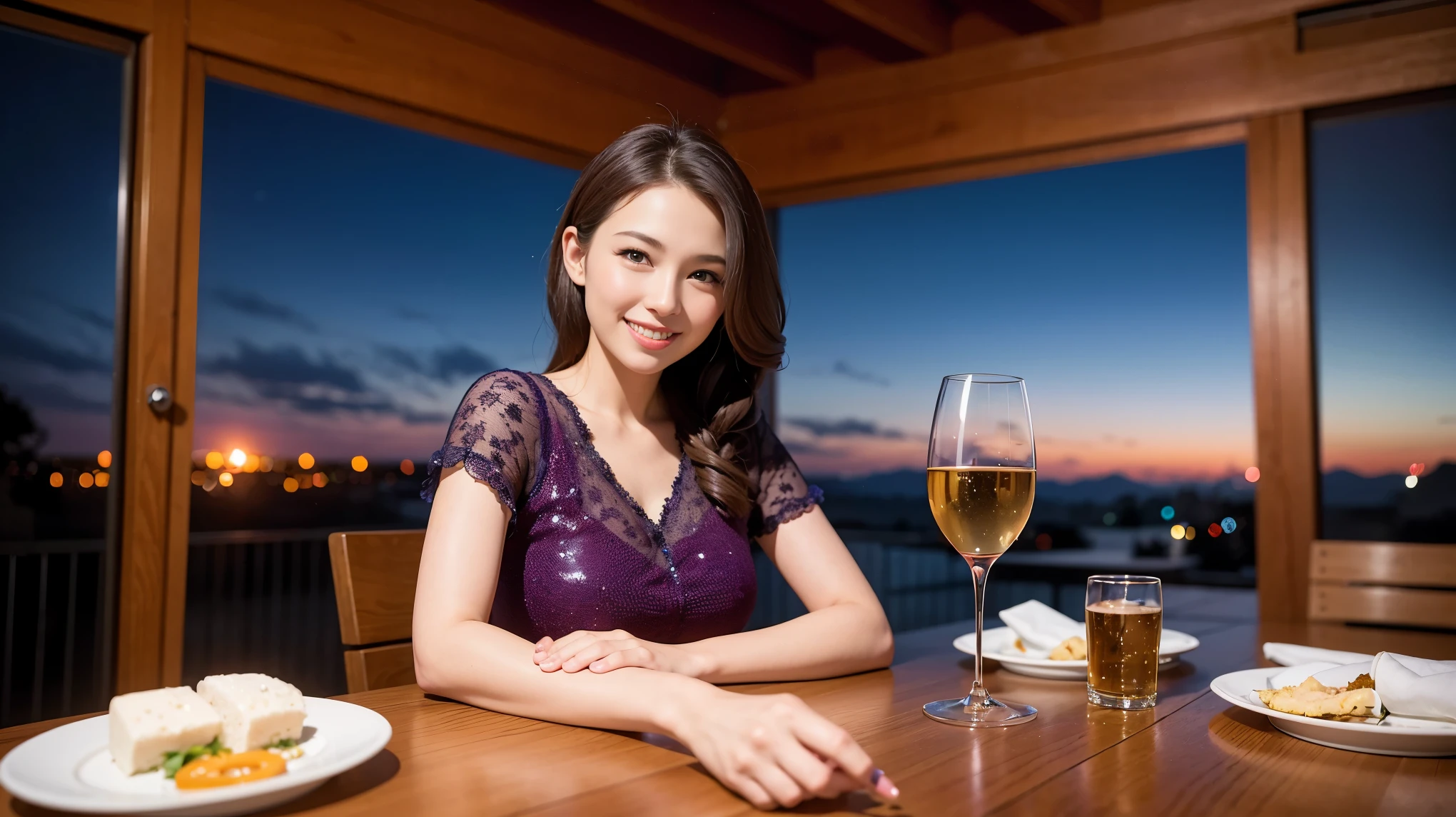 (including 64k, nffsw, highest quality, table top: 1.2), (realistic, photorealistic: 1.37),Spectacular sunset view、 long sleeve shirt、winter fashion、Columbia、Brazilian、Japanese、Dutch、German、Portuguese、Belgian、Italian、French,Champagne、sparkling wine、 (slimフェイス), (slimボティ), (brown hair), (shortcut), neat beauty、cheeks turn a little red, (35 years old), 38 years old, alone, 窓の外には美しく緻密なnight景が広がります., restaurant, wine glassが座っている, nightに, in a prominent place (from the Upper body) nova frog style, actress, model, Upper body, White wine, slim, wine glass, Super Clean night View, wine glass Put in the Middle, Happy smile, (smile: 1.15), beautiful and detailed eyes, Upper body, bust japan up, night, short, short, actress, model, Upper body, White wine, slim, wine glass, Super Clean night View, wine glass Put in the Middle, Happy smile,