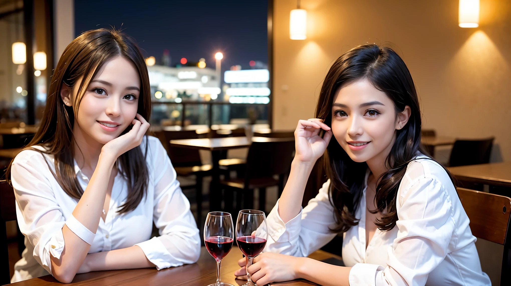 (including 64k, nffsw, highest quality, table top: 1.2), (realistic, photorealistic: 1.37),Spectacular sunset view、 long sleeve shirt、winter fashion、Columbia、Brazilian、Japanese、Dutch、German、Portuguese、Belgian、Italian、French,Champagne、sparkling wine、 (slimフェイス), (slimボティ), (brown hair), (shortcut), neat beauty、cheeks turn a little red, (35 years old), 38 years old, alone, 窓の外には美しく緻密なnight景が広がります., restaurant, wine glassが座っている, nightに, in a prominent place (from the Upper body) nova frog style, actress, model, Upper body, White wine, slim, wine glass, Super Clean night View, wine glass Put in the Middle, Happy smile, (smile: 1.15), beautiful and detailed eyes, Upper body, bust japan up, night, short, short, actress, model, Upper body, White wine, slim, wine glass, Super Clean night View, wine glass Put in the Middle, Happy smile,