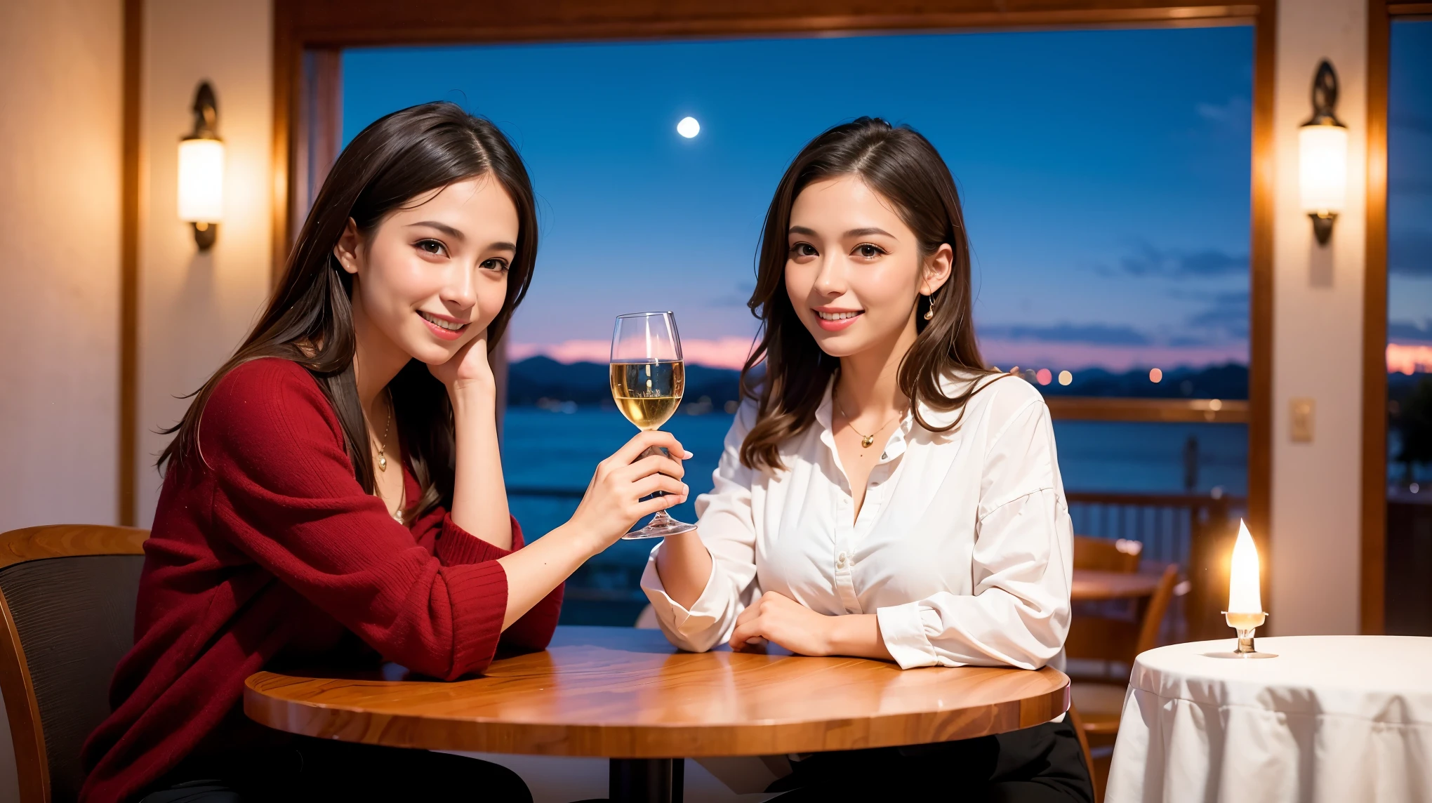 (including 64k, nffsw, highest quality, table top: 1.2), (realistic, photorealistic: 1.37),Spectacular sunset view、 long sleeve shirt、winter fashion、Columbia、Brazilian、Japanese、Dutch、German、Portuguese、Belgian、Italian、French,Champagne、sparkling wine、 (slimフェイス), (slimボティ), (brown hair), (shortcut), neat beauty、cheeks turn a little red, (35 years old), 38 years old, alone, 窓の外には美しく緻密なnight景が広がります., restaurant, wine glassが座っている, nightに, in a prominent place (from the Upper body) nova frog style, actress, model, Upper body, White wine, slim, wine glass, Super Clean night View, wine glass Put in the Middle, Happy smile, (smile: 1.15), beautiful and detailed eyes, Upper body, bust japan up, night, short, short, actress, model, Upper body, White wine, slim, wine glass, Super Clean night View, wine glass Put in the Middle, Happy smile,