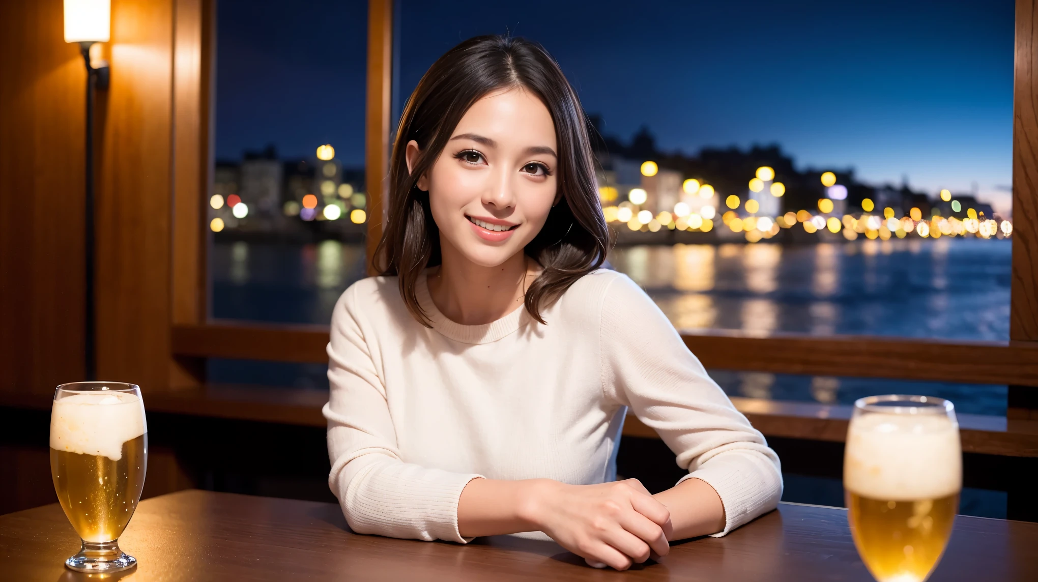 (including 64k, nffsw, highest quality, table top: 1.2), (realistic, photorealistic: 1.37),Spectacular sunset view、 long sleeve shirt、winter fashion、Columbia、Brazilian、Japanese、Dutch、German、Portuguese、Belgian、Italian、French,Champagne、sparkling wine、 (slimフェイス), (slimボティ), (brown hair), (shortcut), neat beauty、cheeks turn a little red, (35 years old), 38 years old, alone, 窓の外には美しく緻密なnight景が広がります., restaurant, wine glassが座っている, nightに, in a prominent place (from the Upper body) nova frog style, actress, model, Upper body, White wine, slim, wine glass, Super Clean night View, wine glass Put in the Middle, Happy smile, (smile: 1.15), beautiful and detailed eyes, Upper body, bust japan up, night, short, short, actress, model, Upper body, White wine, slim, wine glass, Super Clean night View, wine glass Put in the Middle, Happy smile,