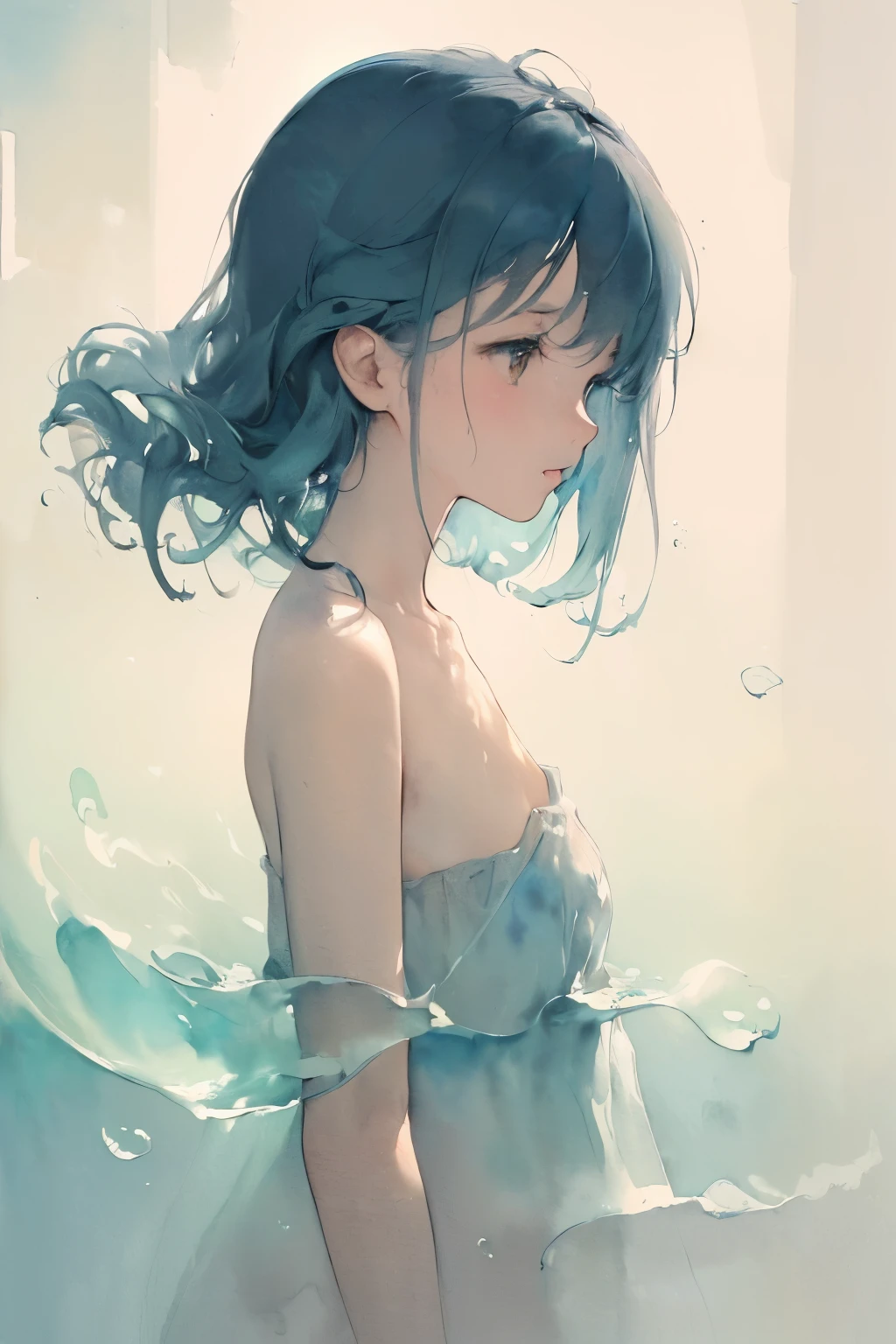 (masterpiece:1.1, highres:1.4) , 1 girl, watercolor style, (soft blending:1.2) , fluid colors, dreamy washes, delicate textures, organic shapes, atmospheric depth, bubble, limited color,  