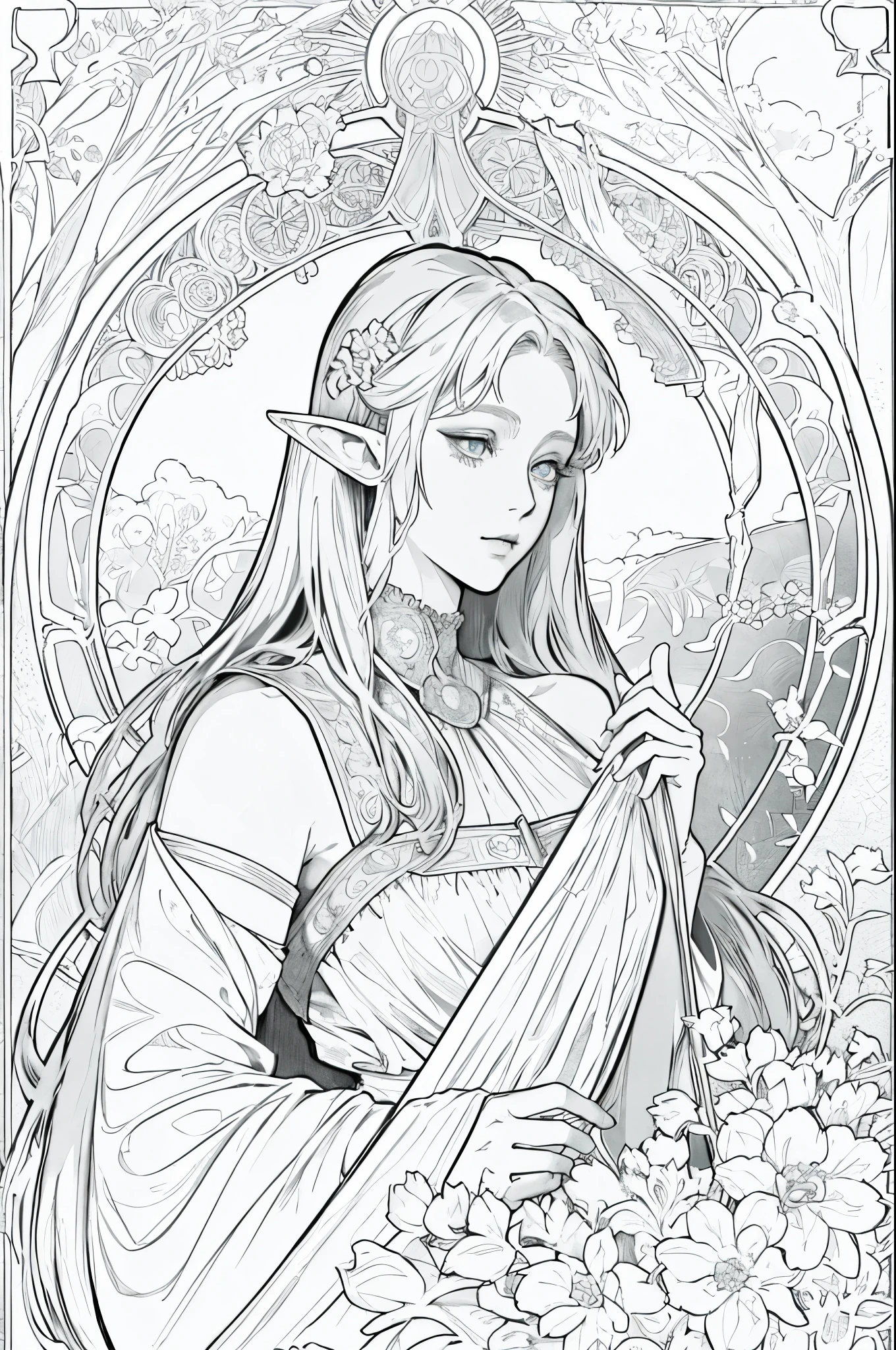 tarot cards, 1 elf girl,Portrait of the face of a European elf,shapeless long hair, shiny skin, detailed face, wearing a patterned robe, Sumeru,cloud, moon,((tarot cardsのレイアウト)),highest quality, masterpiece, (realistic:0.6), realistic lighting,flower frame, decorative panel, abstract artistic, (Alphonse Mucha) (master piece, best quality, 8k, very detailed, intricate details, 4k,Cerulean, line drawing, fibonacci.