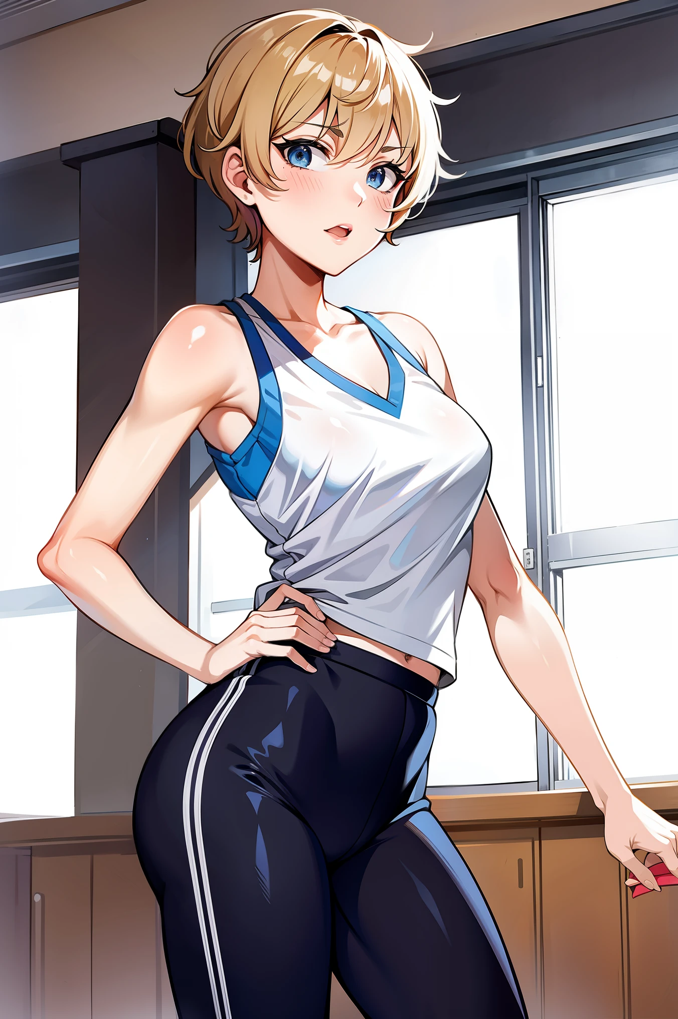 Short-haired tomboy physical education teacher stand in front of class