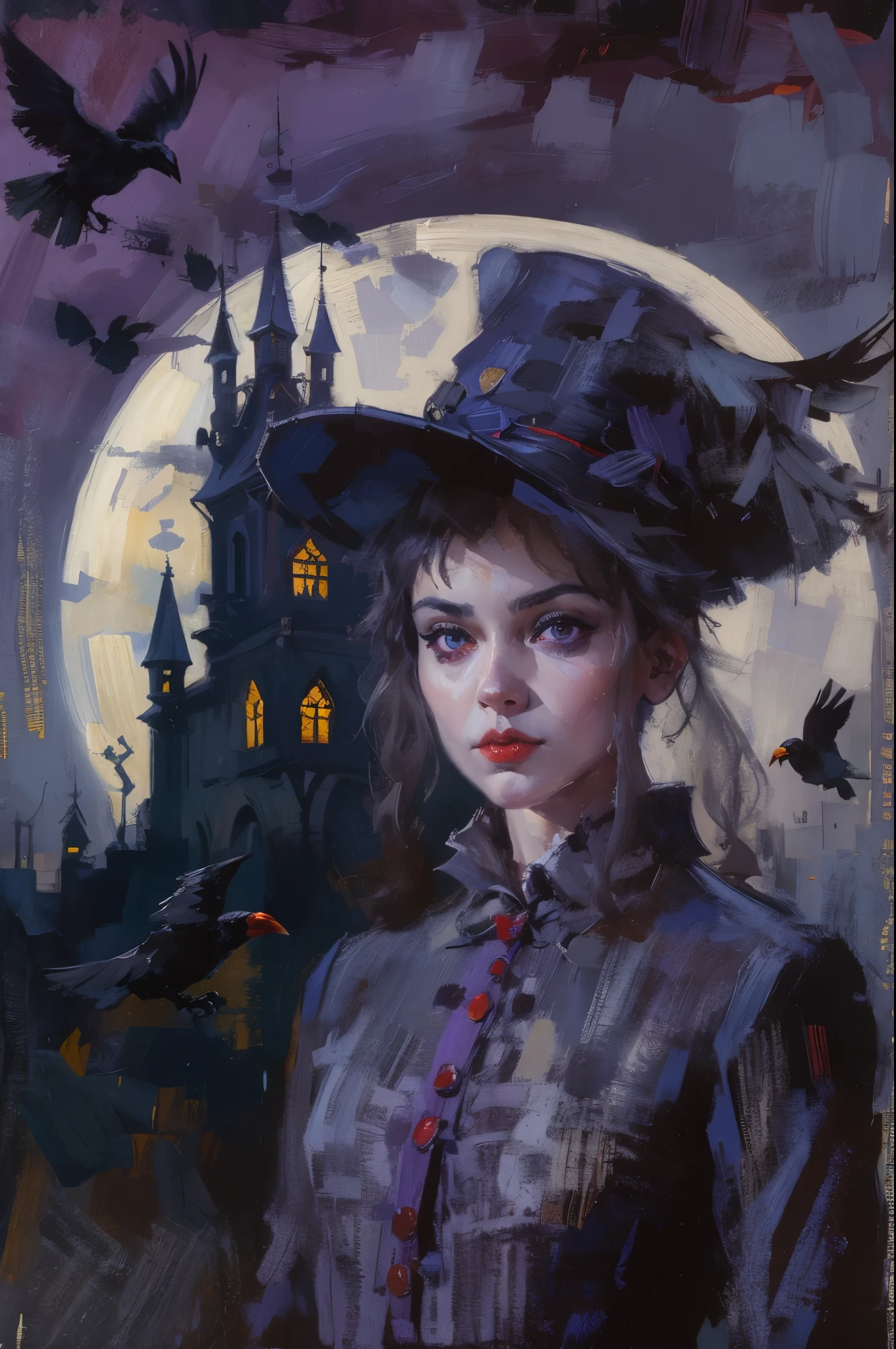full body portrait,Sexy witch wearing gothic style costume,Three crows stopped beside me,moonlit wilderness,Surrealism,painting,ink,acrylic painting,masterpiece,Gothic thriller style,Gothic castle,best quality,high resolution,Super fine,Delicate eyes,facial details,hair details,precise,Clear eye focus close-up
