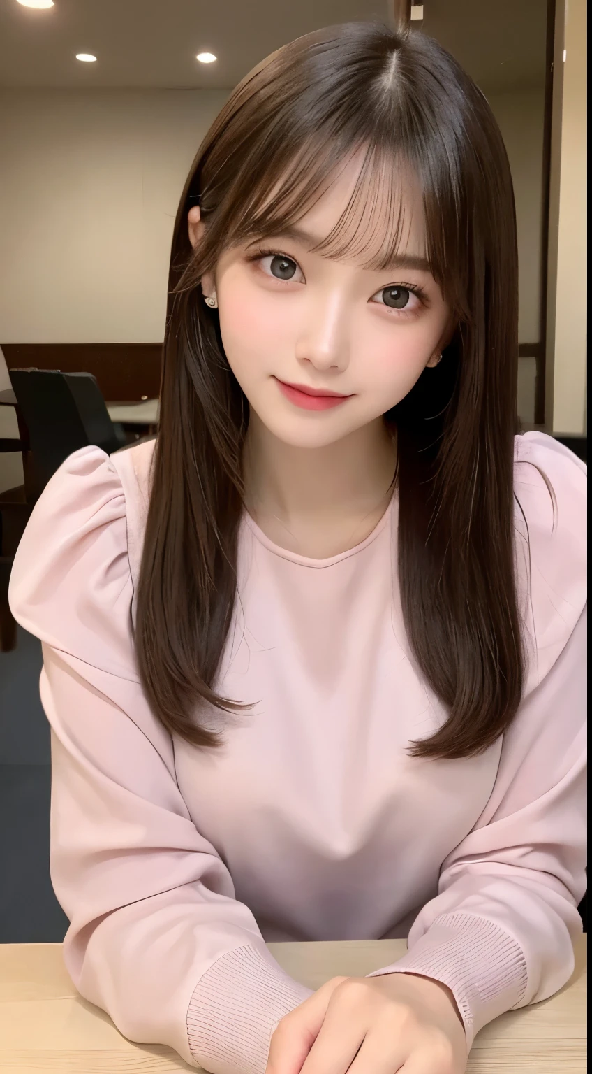 table top, highest quality, shape, Super detailed, finely, High resolution, 8k wallpaper, 完璧なダイナミックな構shape, beautiful and detailed eyes, straight hair, small breasts, natural color lip, random sexy pose,smile,20 year old girl、midnight、美しくdetailed face、perfect and beautiful face,Big eyes、RAW photo、Expressing feminine poses with your whole body、beautiful and detailed eyes、small face、beautiful duplex、slim face and style,pale pink long sleeve dress、beautiful golden ratio face,twin ponytail hair,bright look,Photographed focusing on beautiful legs、 (get closer to the face, enlarge the face, face focus:1.0), break, (masterpiece, highest quality, Super detailed, detailed face, 8k)、real photos、perfect and beautiful face、blur the background、smile