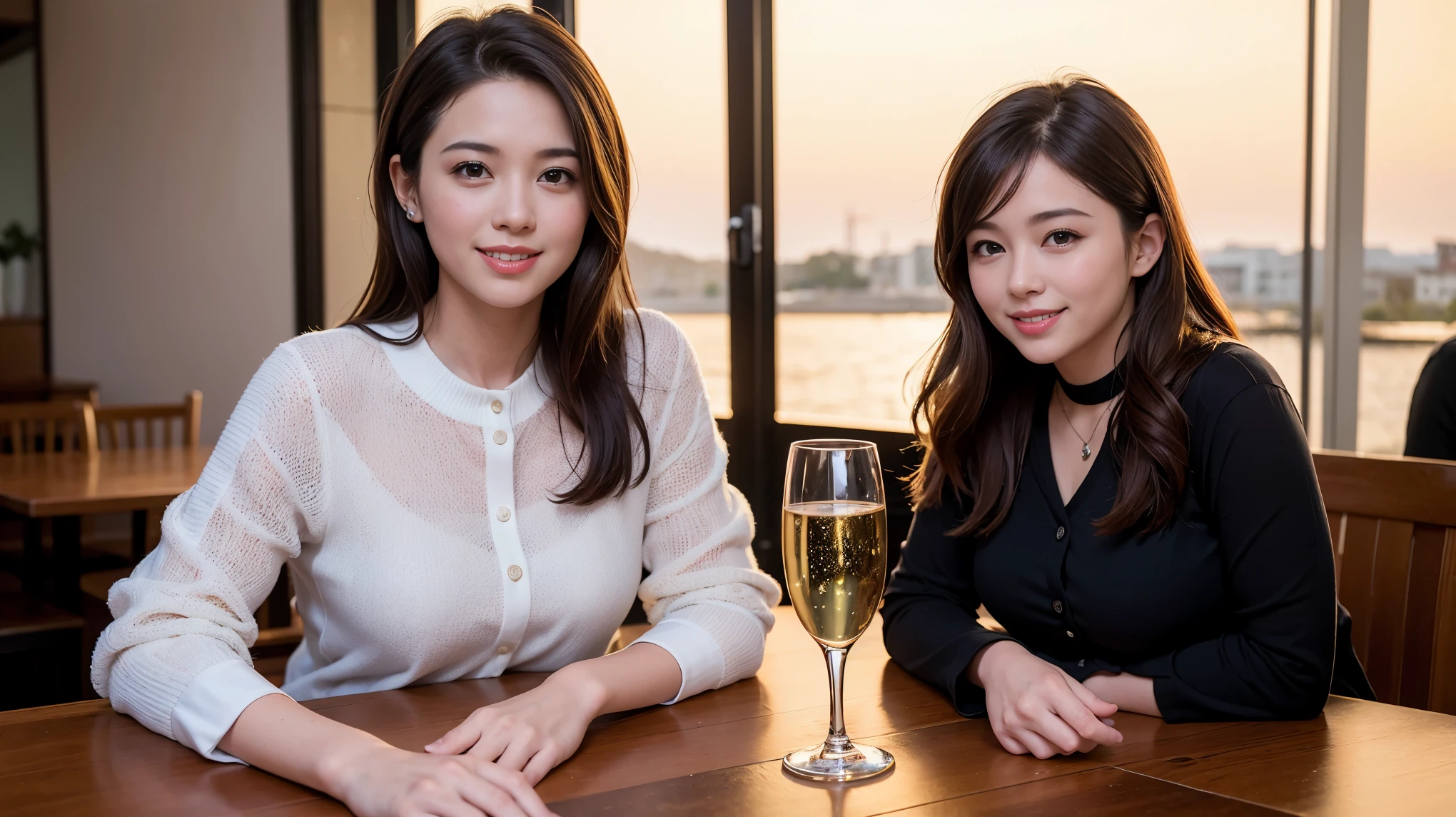 64k, Hmm, highest quality, masterpiece: 1.2), (realistic, photorealistic: 1.37), Spectacular sunset view、slimな美女3名, (slimフェイス),Happy、 最高なsmile、Fox face、Berry Short、(because I'thin), (brown hair), (shortcut), long sleeve shirt、winter fashion、Colombian、Brazilian、Japanese、Dutch、German、Portuguese、Belgian、Italian、French,Champagne、sparkling wine、 (gush), (slimボティ), (brown hair), (shortcut), neat beauty、cheeks turn a little red, (35 years old), 38 years old, alone, A beautiful and detailed night view spreads out outside the window..., restaurant, wine glassが座っている, At night, in a prominent place (from the Upper body) nova frog style, actress, model, Upper body, White wine, slim, wine glass, very beautiful night view, wine glass Put in the Middle, Happy smile, (smile: 1.15),