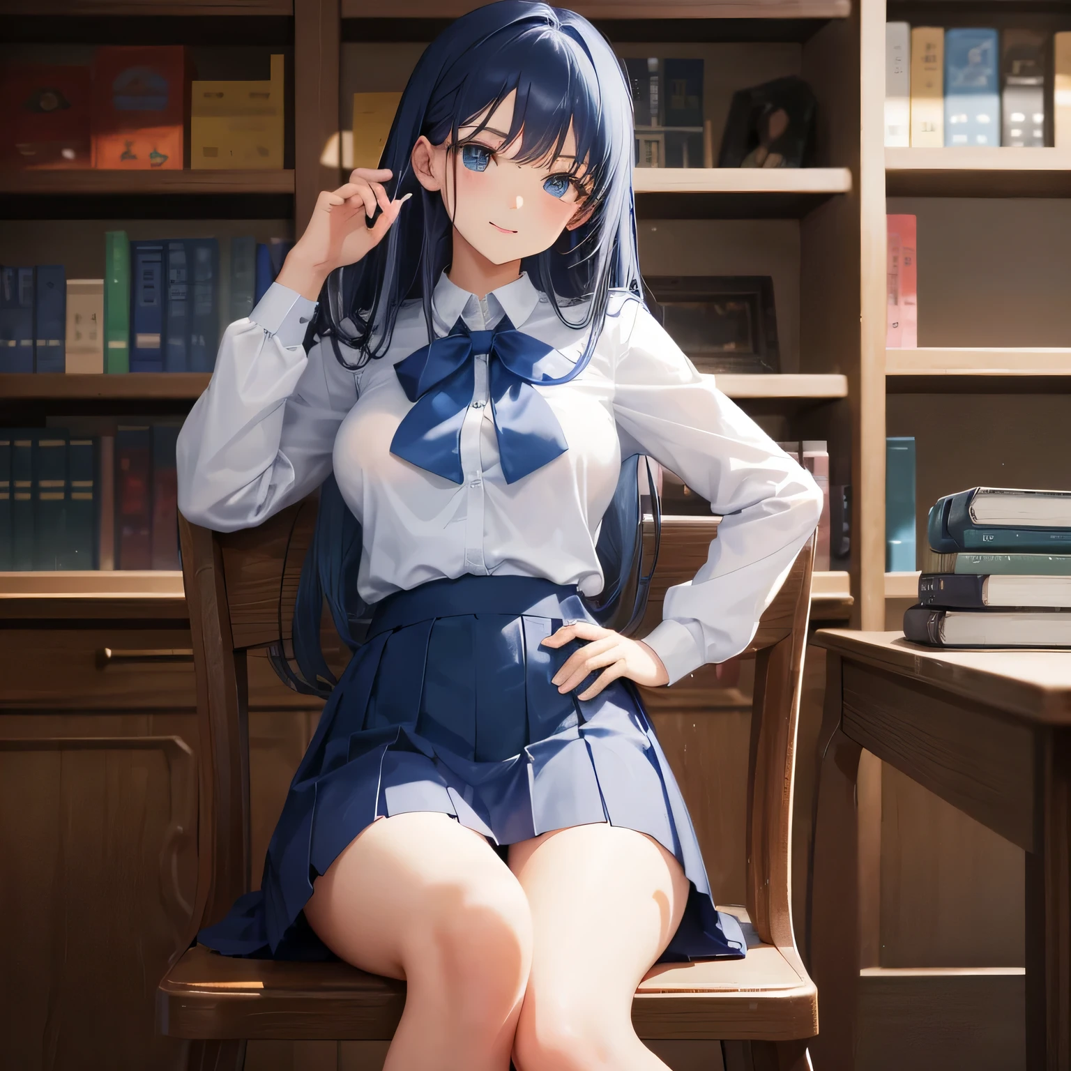 1 high school girl alone high school uniform White Y shirt long sleeve blue ribbon dark blue hair color dark blue hair color big breasts sit on a chair library Japanese 学校のlibrary bookshelf loafers full body portrait slim body shape cool look glare Laugh a little long leggings skirt emphasize the thighs