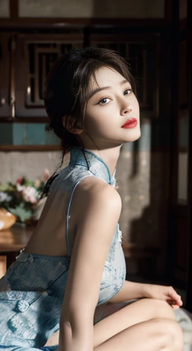 original,masterpiece,Super detailed photos,best quality,ultra high resolution,photo reality,Sunlight,full body portrait,stunningly beautiful,,dynamic poses,delicate face,vibrant eyes,(View from the side),((Beautifully_blue_On the cheongsam)),On the cheongsam,Off the shoulders,Beautifully head flower,Sitting on leather sofa,Very detailed background,Detailed faces,Detailed and complex busy background,untidy,abundant cleavage,Milky white W,highly refined skin,Authentic skin details,Visible pores,lock focus,volumetric fog,8K Ultra HD,digital SLR camera,high quality,film grain,White skin,photorealism,DL,A metropolis in a future dystopia , looking from bottom to top, translucent