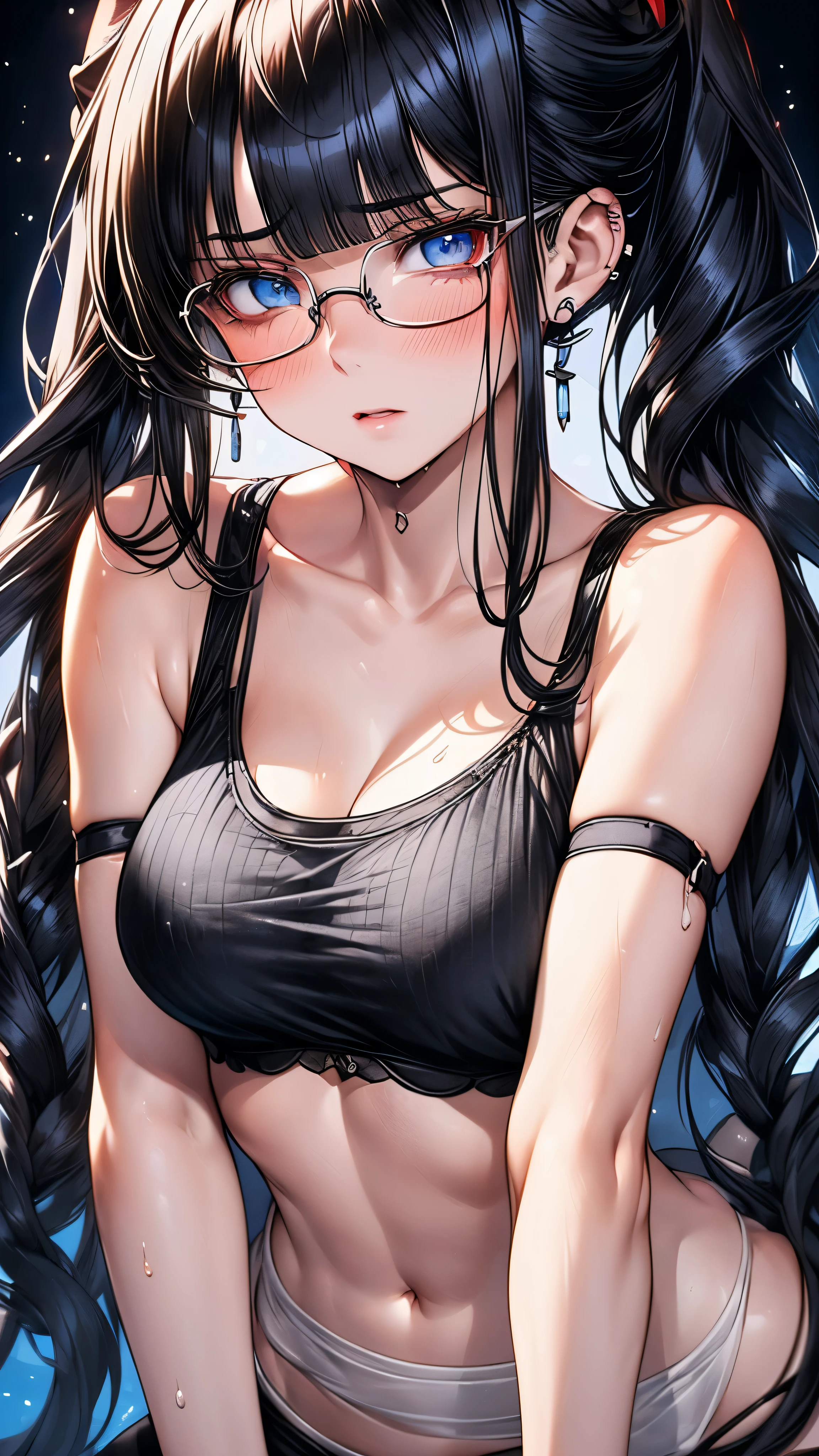 1 female,black hair, ,((anxious look)),beautiful breasts,sheer white tank top,good style,,(facing the front)(((cheeks turn red、surprised expression)),(),((( upper body portrait)))frameless glasses,blue eyes,(((Bangs are uniform)))((See-through))sexy bra(wet condition)
