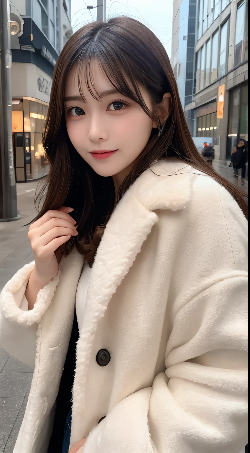 table top, highest quality, shape, Super detailed, finely, High resolution, 8k wallpaper, 完璧なダイナミックな構shape, beautiful and detailed eyes, Gorgeous black fluffy Tokyo winter clothes,ランダムなcute髪,,natural color lip, bold sexy pose,smile、20 year old girl、cute、sexy shot looking at camera,Always blur the background,perfect and beautiful face,Take only the face,beautiful and detailed face、slim face and style,Big eyes、do gal makeup,small face,Wearing a luxury brand mink coat