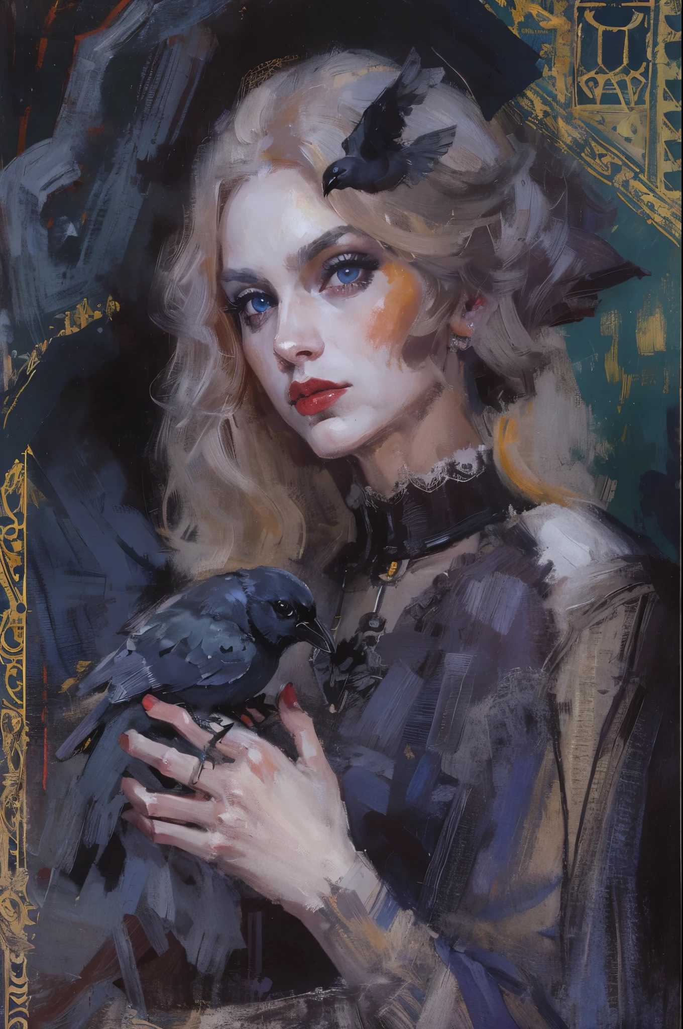 (full body portrait:1.5),Sexy witch wearing gothic style costume,Three crows stopped beside me,moonlit wilderness,Surrealism,painting,ink,acrylic painting,masterpiece,Gothic thriller style,Gothic castle,best quality,high resolution,Super fine,Delicate eyes,facial details,hair details,precise,Clear eye focus close-up