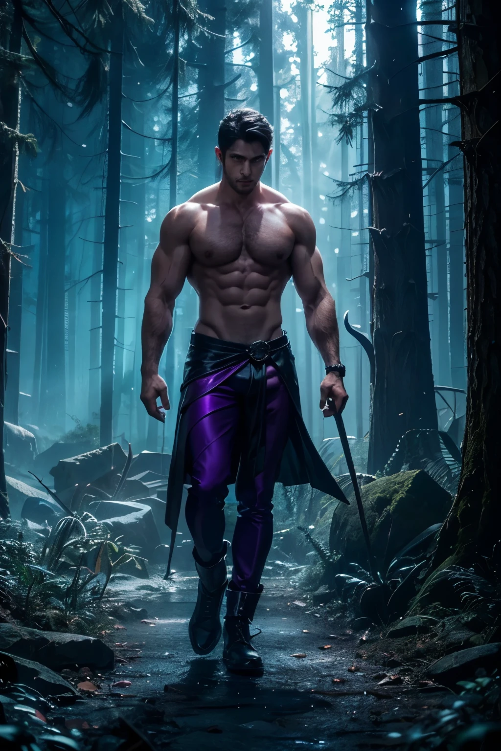 male model big muscles shirtless cauldron casting spells magic witchcraft at night in the woods supernatural cyan purple magenta glow masterpiece full body wide shot 8k