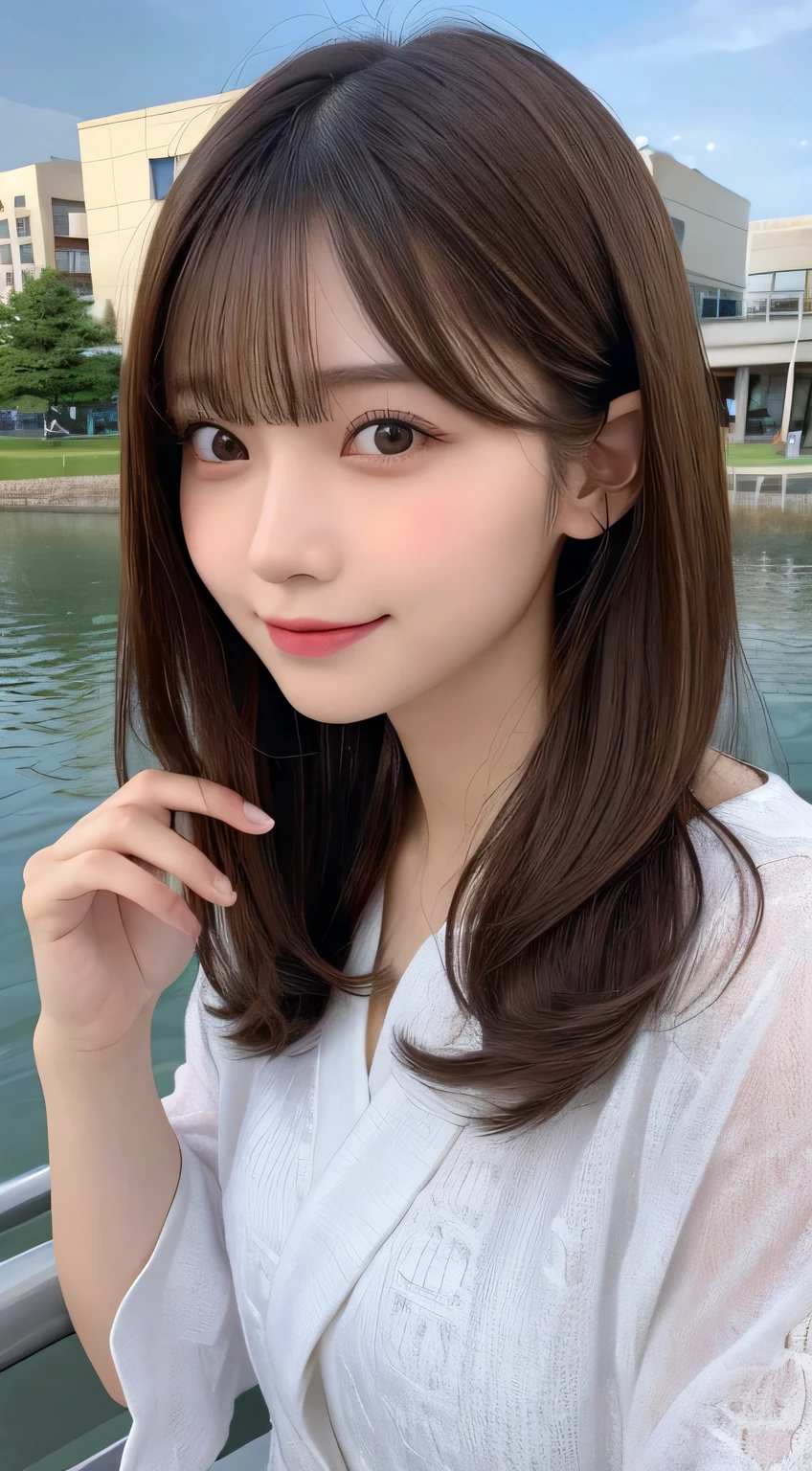 table top, highest quality, shape, Super detailed, finely, High resolution, 16k, perfect dynamic composition, straight hair, medium hair, brown hair,natural color lip, smile, 20歳のgirl、cute、beautiful、完璧でbeautiful顔, beautiful and detailed face, slim face and body, Elegant face, KPOP idol face、Japanese idol faces、small face、Big eyes, brown eyes, droopy eyes, 緻密でbeautiful目, girl, No bangs, near the river、yukata、