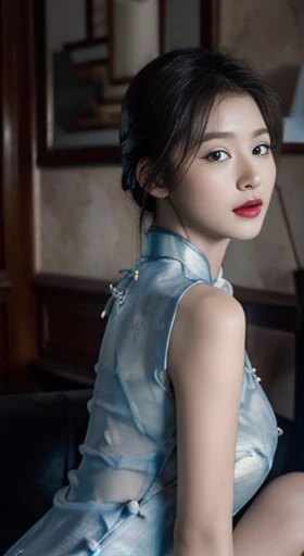 original，masterpiece，Super detailed photos，best quality，ultra high resolution，photo reality，Sunlight，full body portrait，stunningly beautiful，，dynamic poses，delicate face，vibrant eyes，（View from the side），((Beautifully_blue_On the cheongsam))，On the cheongsam，Off the shoulders，Beautifully head flower，Sitting on leather sofa，Very detailed background，Detailed faces，Detailed and complex busy background，untidy，abundant cleavage，Milky white W，highly refined skin，Authentic skin details，Visible pores，lock focus，volumetric fog，8K Ultra HD，digital SLR camera，high quality，film grain，White skin，photorealism，DL，A metropolis in a future dystopia , looking from bottom to top, translucent