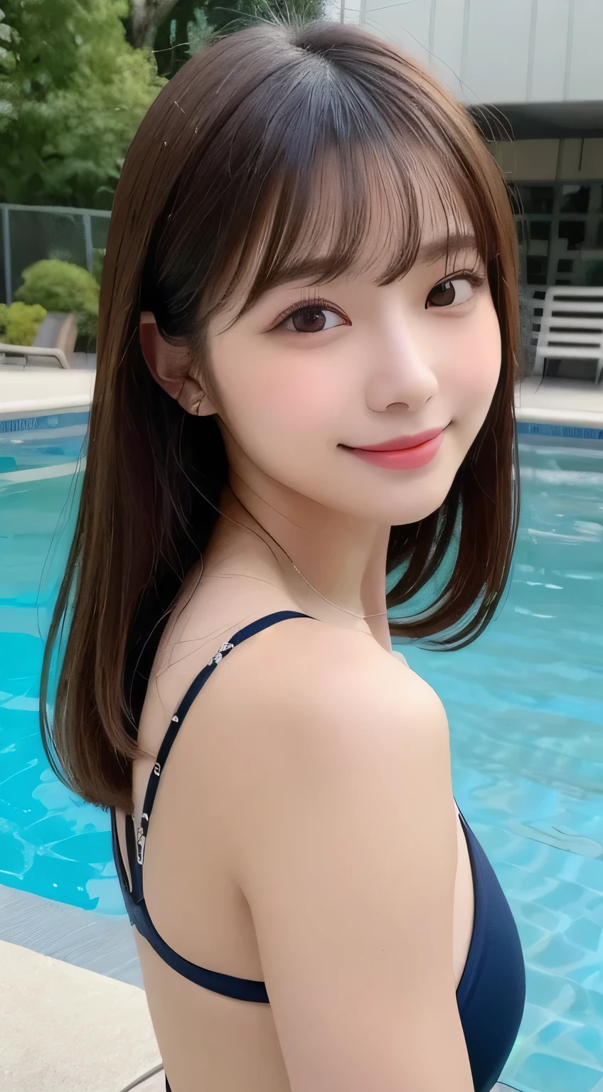 table top, highest quality, shape, Super detailed, finely, High resolution, 16k, perfect dynamic composition, straight hair, medium hair, brown hair,natural color lip, smile, 20歳のgirl、cute、beautiful、完璧でbeautiful顔, beautiful and detailed face, slim face and body, Elegant face, KPOP idol face、Japanese idol faces、small face、Big eyes, brown eyes, droopy eyes, 緻密でbeautiful目, girl, No bangs, swimsuit、pool、swim
