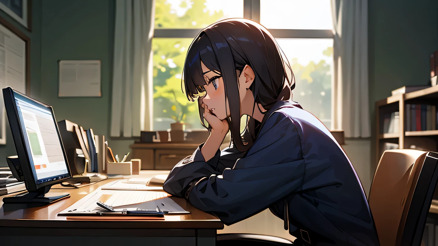 Please provide a detailed description of an adult woman intensely focused on studying at her desk. Capture the scene with details about her posture, environment, study materials, and expressions. Emphasize the sense of concentration and dedication she exhibits in this moment with a happy face.