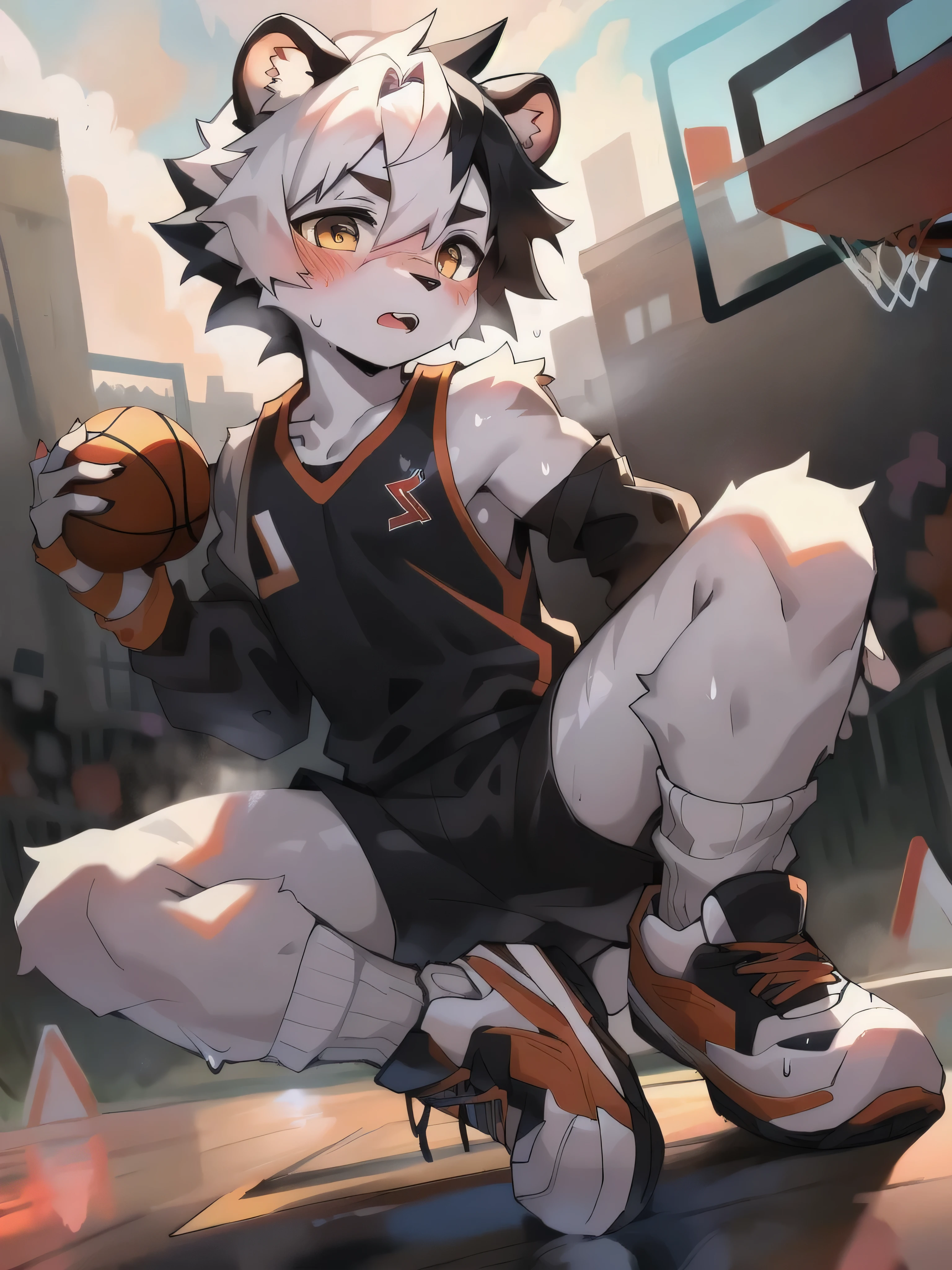 A white tiger boy,Wear a black basketball suit,Play basketball on the court,Sweat stains all over the body,Wearing white socks and basketball shoes on feet