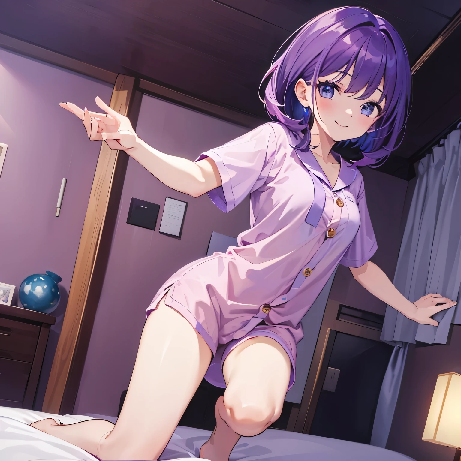 (T Masterpiece,4k wallpaper,best quality))、((girl1people))、(solo)、Shining and vivid,(purple hair)、(shortcut:1.3)、smile、Bedroom、pajamas、night