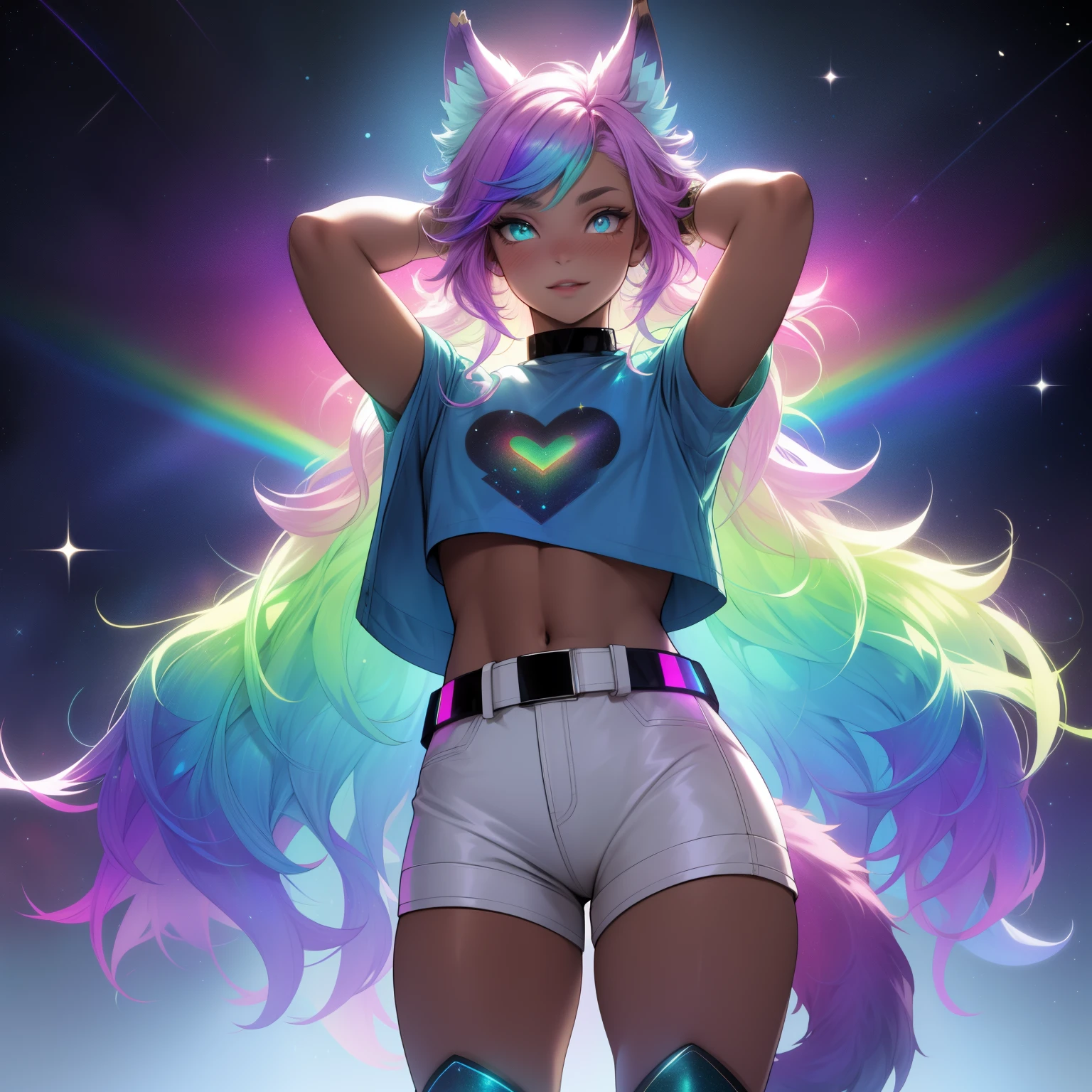 a short, skinny, galactic space young boy wearing a leather rainbow trench coat with a peacock inspired design, glowing blue eyes, wearing cropped t-shirt, flat chested, flat chest (SUPER FLAT CHEST) has wolf ears and a wolf tail, wide hips, pink lips, thick thighs, has long wavy rainbow gradient colored sparkly hair, twink, happy, blushing, flustered, showing thighs, wearing thigh high boots, wearing short shorts, curvy, solo, alone, (SOLO)(ALONE), has long wavy rainbow gradient colored sparkly hair