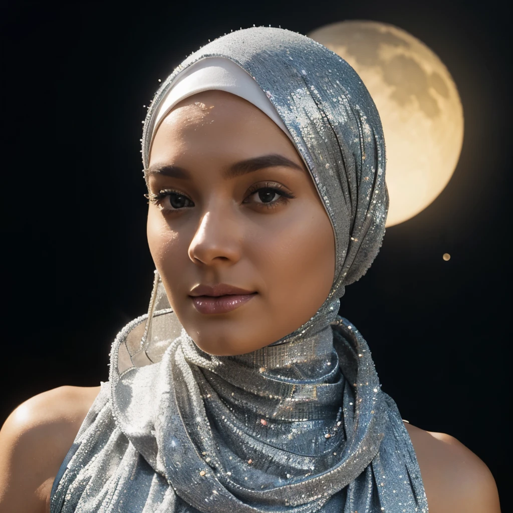 Virtuoso of a [object] in a shiny metallic moon star, in the style of futuristic relax, ray tracing, celebrity photography, made of crystals, photorealistic compositions, wide lens --v 6.0 (Hijab) (silver style) smooth skin 