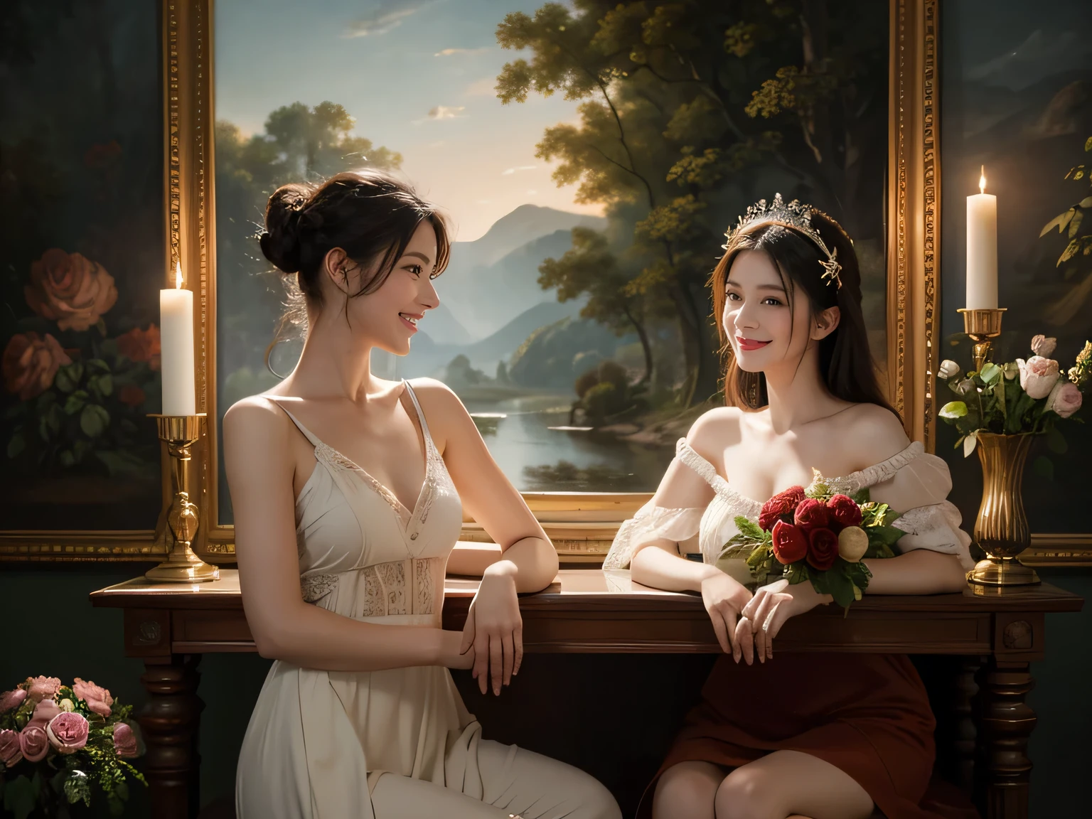 jack=Louis David's painting style,Discussion between two female philosophers,math、astronomical machine、astronaut、roses in vase、fruit、Cute trinkets、smile、ancient greek costume、The background is a forest lake at night 、Clothes that stretch your shoulders、A big smile、beautiful bare skin、A detailed representation of the seducing woman throughout her body..