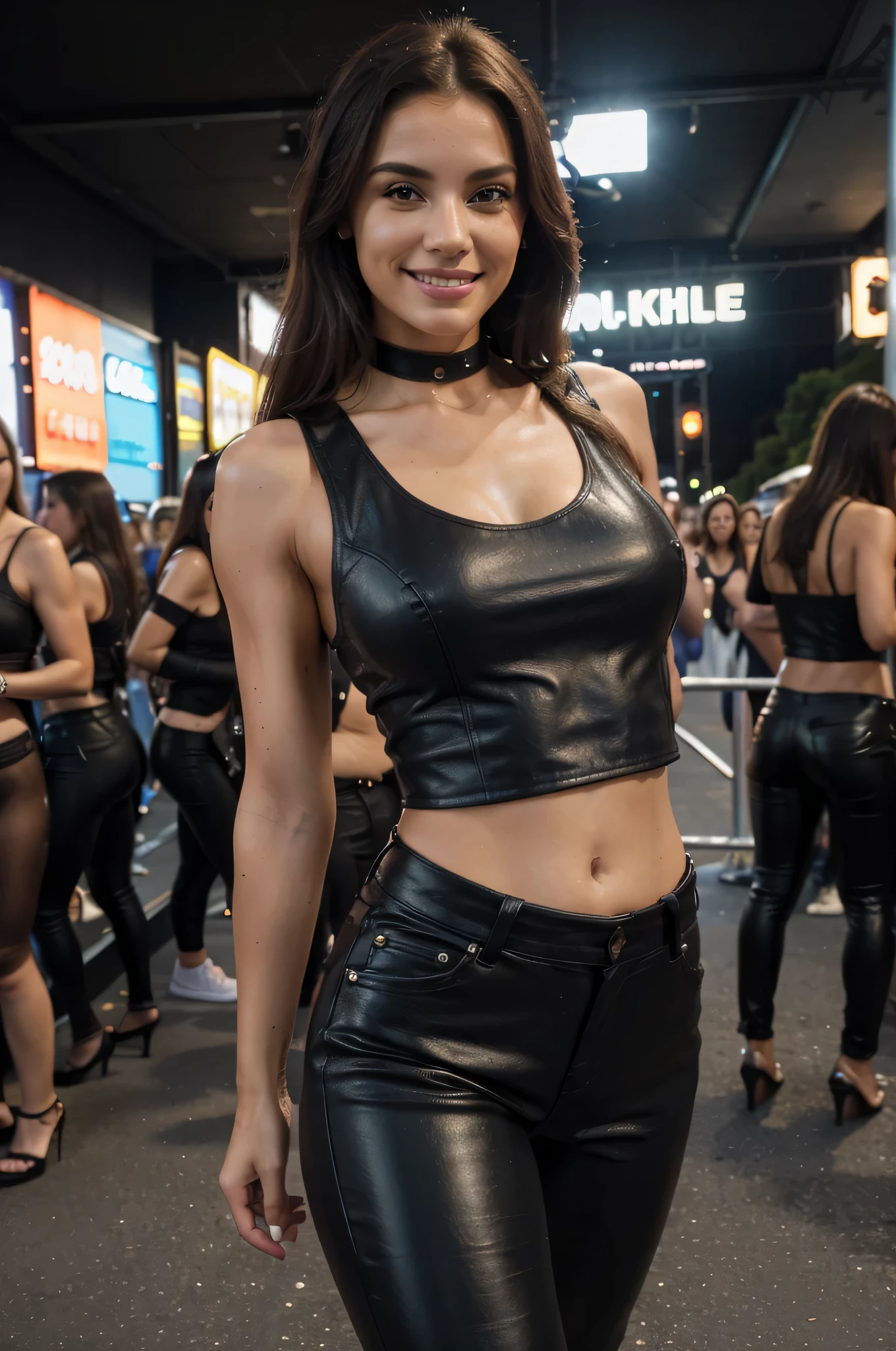 (best quality, highres, realistic, ultra-detailed, professional:1.2), pretty woman, attending a concert, crowded area, smiling, sleeveless black leather crop tank top, black leather pants, high heels, ultra-detailed, vivid colors, distant shot