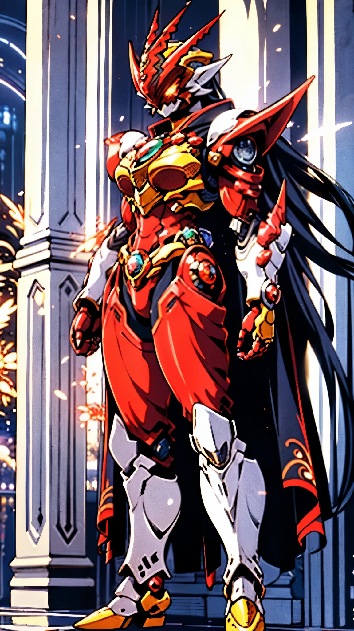 A woman adorned in fantasy-style full-body armor, a crown-concept fully enclosed helmet that unveils only her eyes, a composite layered chest plate, fully encompassing shoulder and hand guards, a lightweight waist armor, form-fitting shin guards, the overall design is heavy-duty yet flexible, ((the armor gleams with a golden glow, complemented by red and blue accents)), exhibiting a noble aura, she floats above a fantasy-surreal high-tech city, this character embodies a finely crafted fantasy-surreal style armored hero in anime style, exquisite and mature manga art style, (Queen bee mixed with Spider concept Armor, plasma, blood), ((Element, energy, elegant, goddess, femminine:1.5)), metallic, high definition, best quality, highres, ultra-detailed, ultra-fine painting, extremely delicate, professional, anatomically correct, symmetrical face, extremely detailed eyes and face, high quality eyes, creativity, RAW photo, UHD, 32k, Natural light, cinematic lighting, masterpiece-anatomy-perfect, masterpiece:1.5