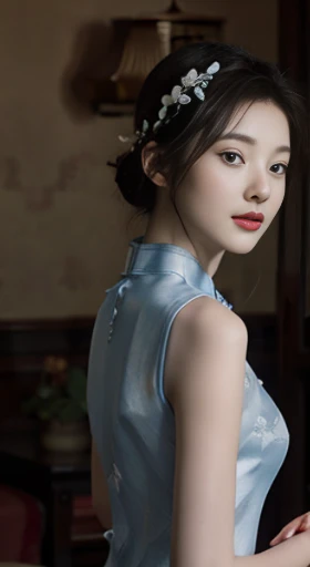 original，masterpiece，Super detailed photos，best quality，ultra high resolution，photo reality，Sunlight，full body portrait，stunningly beautiful，，dynamic poses，delicate face，vibrant eyes，（View from the side），((Beautifully_blue_On the cheongsam))，On the cheongsam，Off the shoulders，Beautifully head flower，Sitting on leather sofa，Very detailed background，Detailed faces，Detailed and complex busy background，untidy，abundant cleavage，Milky white W，highly refined skin，Authentic skin details，Visible pores，lock focus，volumetric fog，8K Ultra HD，digital SLR camera，high quality，film grain，White skin，photorealism，DL，A metropolis in a future dystopia , looking from bottom to top, translucent