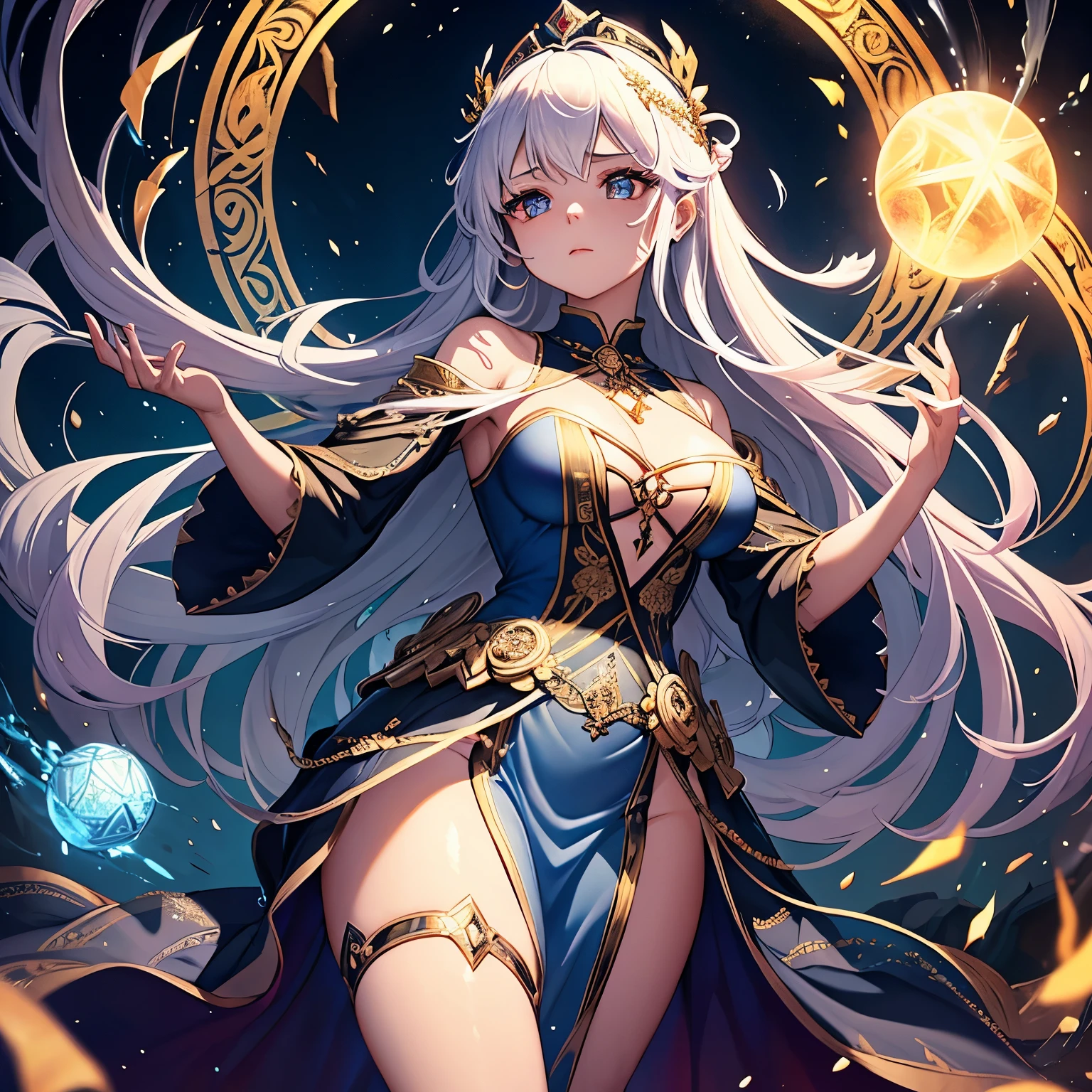 A breathtaking sight: the cutest girl in the multiverse, adorned with a magnificent crown of gleaming knives, surrounded by an aura of ethereal light. Her delicate features, with rosy cheeks and large expressive eyes, are framed by long flowing curls of silver hair that dance in the air around her. She's clad in a flowing gown of shimmering gold, embroidered with intricate designs of knives and magical runes. The goddess of knife magic, as she's also known, stands upon a pedestal of polished obsidian, upon which rests an array of magical knives, each one glistening with power. Her hands are raised gracefully above her head, fingers splayed wide as if she's about to cast a spell. The air around her crackles with energy, a testament to her immense magical prowess.