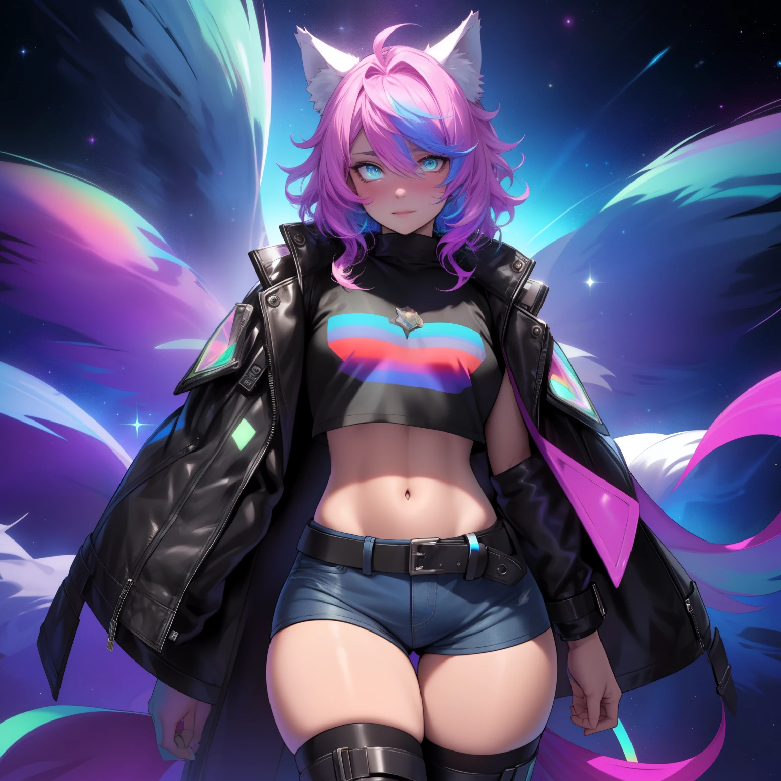 a short, skinny, young teen wearing a galactic peacock inspired outfit, glowing blue eyes, wearing a sheer rainbow peacock fur lined robe, flat chested, flat chest (SUPER FLAT CHEST) has wolf ears and a wolf tail, wide hips, pink lips, thick thighs, has long wavy rainbow gradient colored sparkly hair, twink, happy, blushing, flustered, curvy, solo, alone, (SOLO)(ALONE), has long wavy rainbow gradient colored sparkly hair, dynamic pose, sexual pose, wearing collar, showing thighs, risqué, crotch bulge , prominent thighs, masterpiece, wearing cute frilly panties