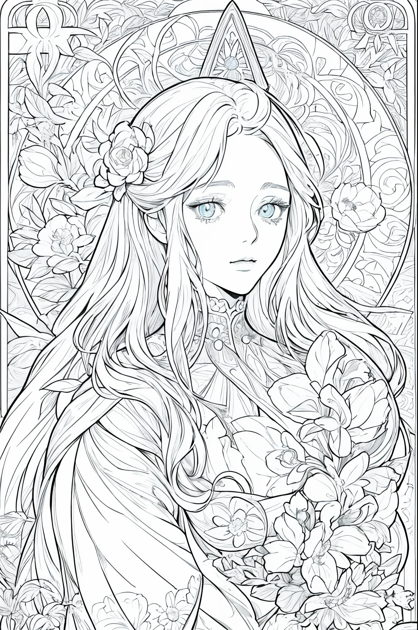 tarot cards, 1 girl，european girl face portrait，shapeless long hair, shiny skin, detailed face, wearing a patterned robe， Sumeru，cloud, moon，((tarot cardsのレイアウト))，highest quality, masterpiece, (realistic:0.6), realistic lighting,flower frame， decorative panel， abstract artistic， (Alphonse Mucha) （master piece， best quality, 8k, very detailed， intricate details， 4k，Cerulean， line drawing， fibonacci.