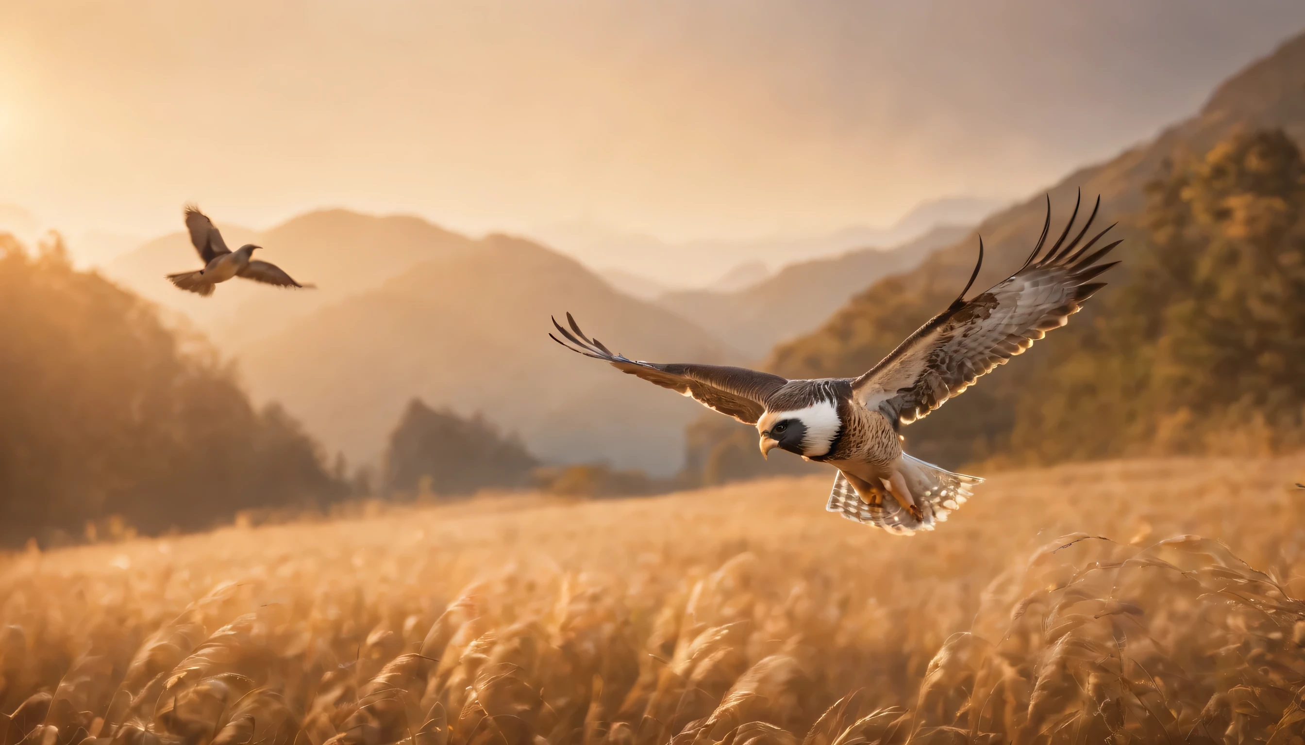(Highly detailed CG Unity 8k wallpaper、masterpiece、highest quality、Super detailed)、(best lighting、best shadow、very delicate and beautiful)、highest quality、8k、Detailed facial depiction、masterpiece、highest quality、clear image quality、
birds flying in a flock:大きなbirds flying in a flockの群れを捕まえる。