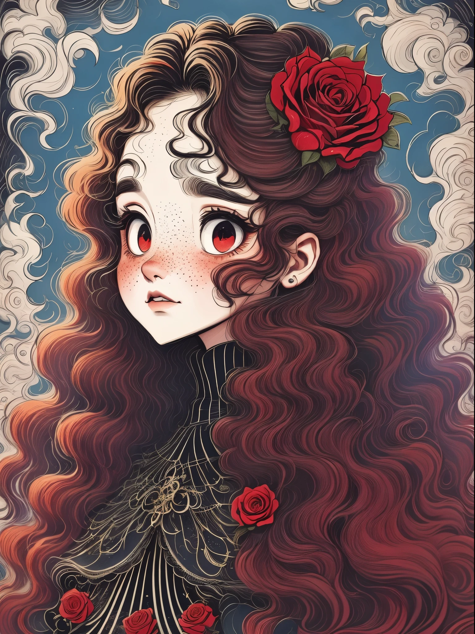 （best quality，masterpiece：1.2，detailed details，4k），（girl, wavy long hair，red头发，big ear，big eyes，small freckles，exaggerated expression，），（roses，Gothic），（vaporwave，transpiration，gas，steampunk gothic victorian style）, deep emotions, enthusiasm, red，black，blue, Rose background， blue烟雾背景，Smoke lines，Devour