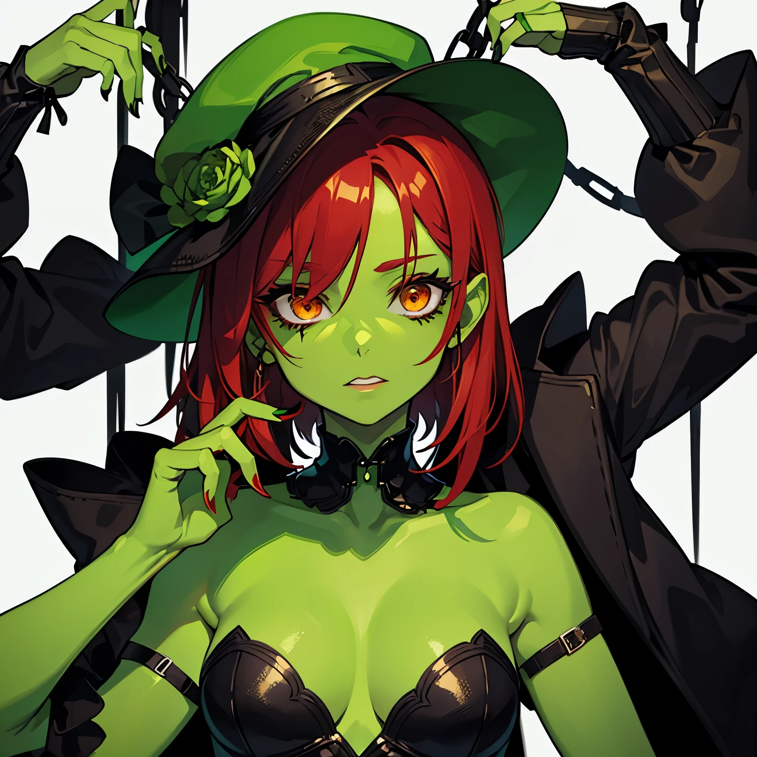A green-skinned female zombie wearing a black concert costume,one person,red hair,Lovely,Covered in green,zombification