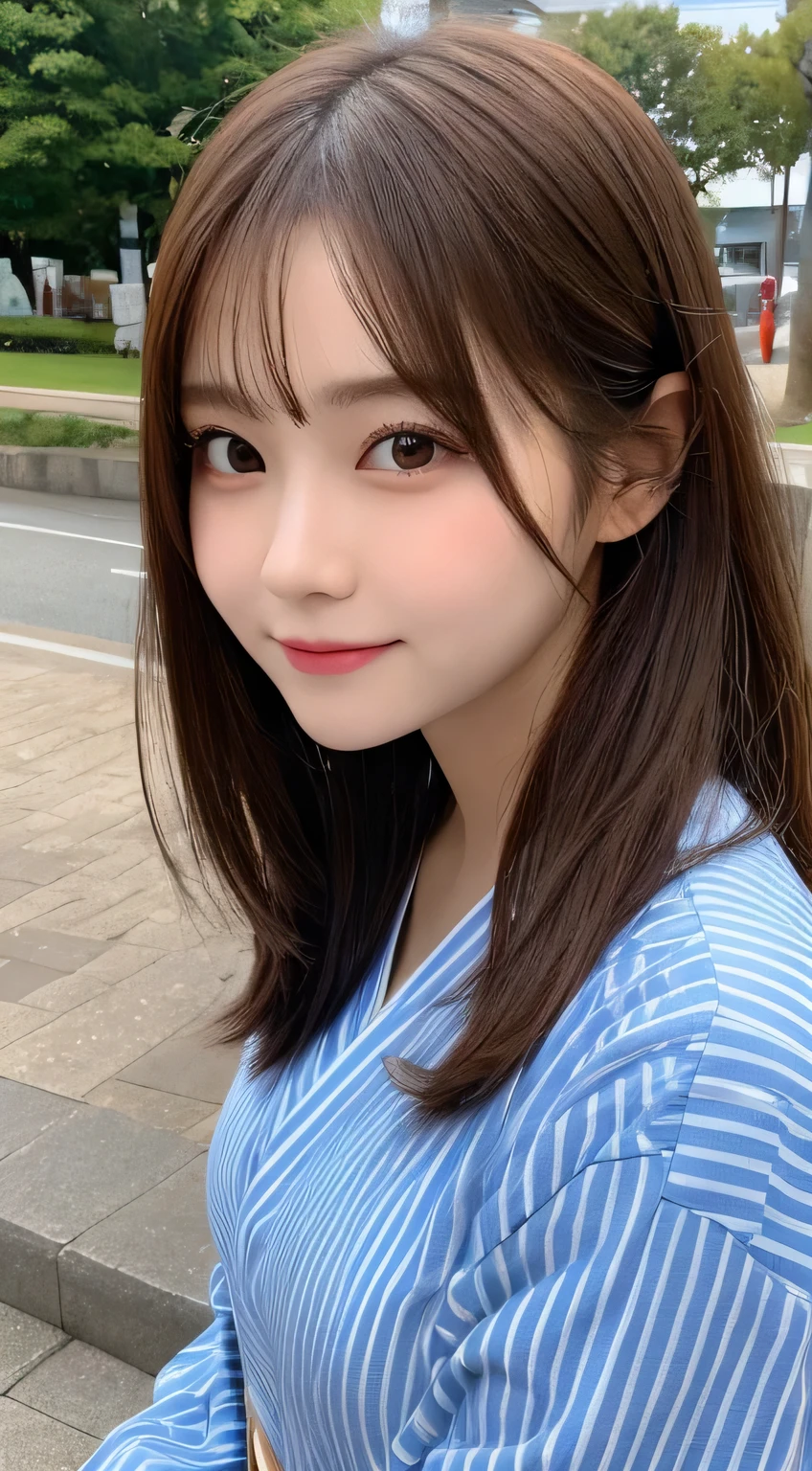 table top, highest quality, shape, Super detailed, finely, High resolution, 16k, perfect dynamic composition, straight hair, medium hair, brown hair,natural color lip, smile, 20歳のgirl、cute、beautiful、完璧でbeautiful顔, beautiful and detailed face, slim face and body, Elegant face, KPOP idol face、Japanese idol faces、small face、Big eyes, brown eyes, droopy eyes, 緻密でbeautiful目, girl, No bangs, near the river、yukata、