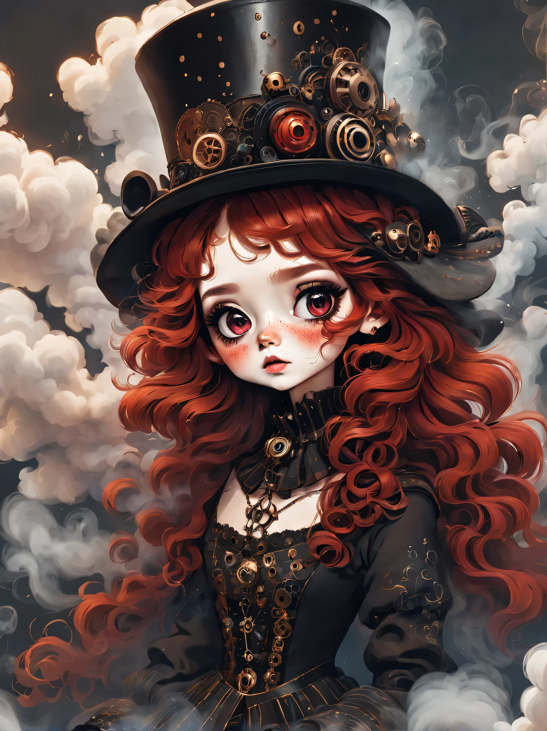 （best quality，masterpiece：1.2，detailed details），Surrounded by smoke，（strange doll girl,big eyes，small freckles， Fluffy red hair，have），（dark Gothic，steampunk gothic victorian style）, dark, engulfed in smoke
