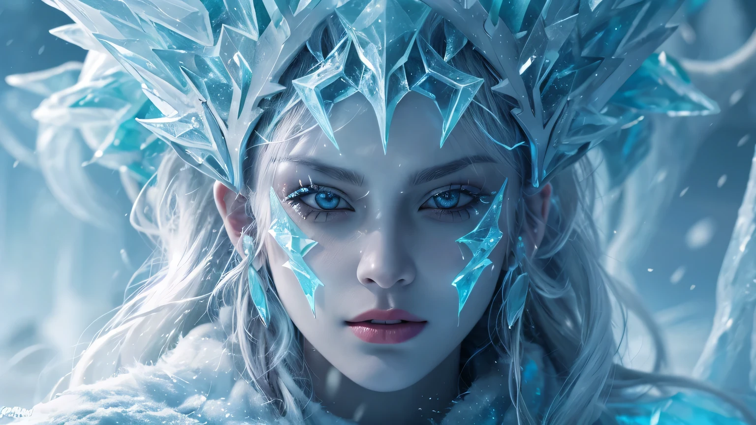 beautiful ice goddess, Ice Witch, big bust, pure ice spirit, Intricate design and details, coldly, cold, 매우 거쎈 snowstorm 폭풍, whole body on coldly mist, magic ice spell, Cast Ice Spell, realistic ice effect, snowstorm, ice particles, Dark fantasy art style, A ruined city, anger towards humans, frozen statue, dramatic lighting, cinematic
