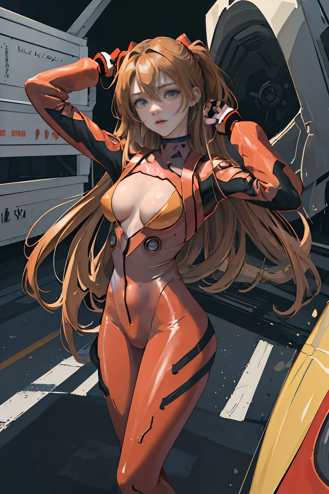 (masterpiece, best quality), 1girl, beautiful face, beautiful body, souryuu_asuka_langley, plugsuit, bodysuit, interface headset, red bodysuit, hair between eyes, pilot suit