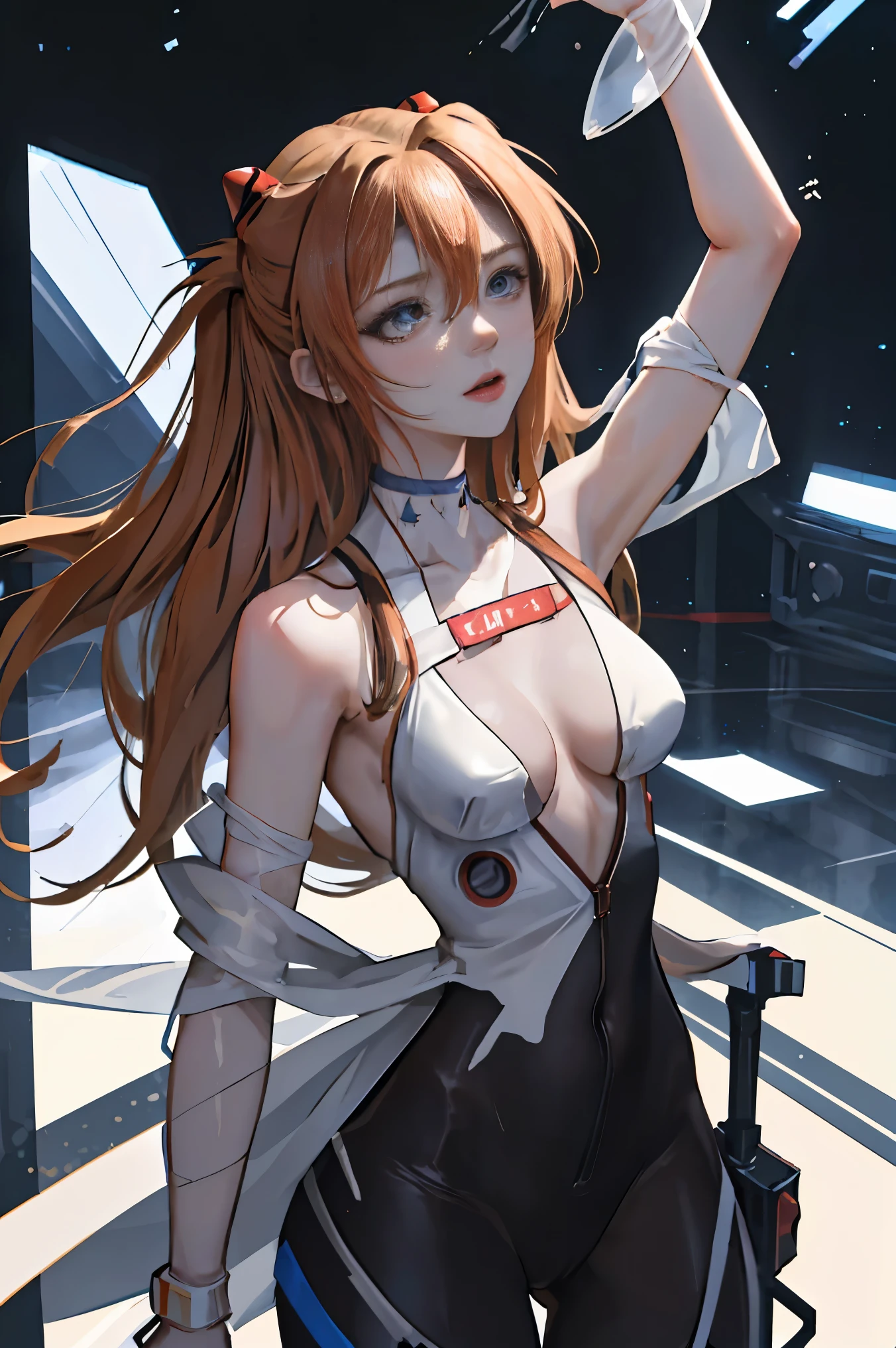 (masterpiece, best quality), 1girl, beautiful face, beautiful body, souryuu_asuka_langley, plugsuit, bodysuit, interface headset, red bodysuit, hair between eyes, pilot suit