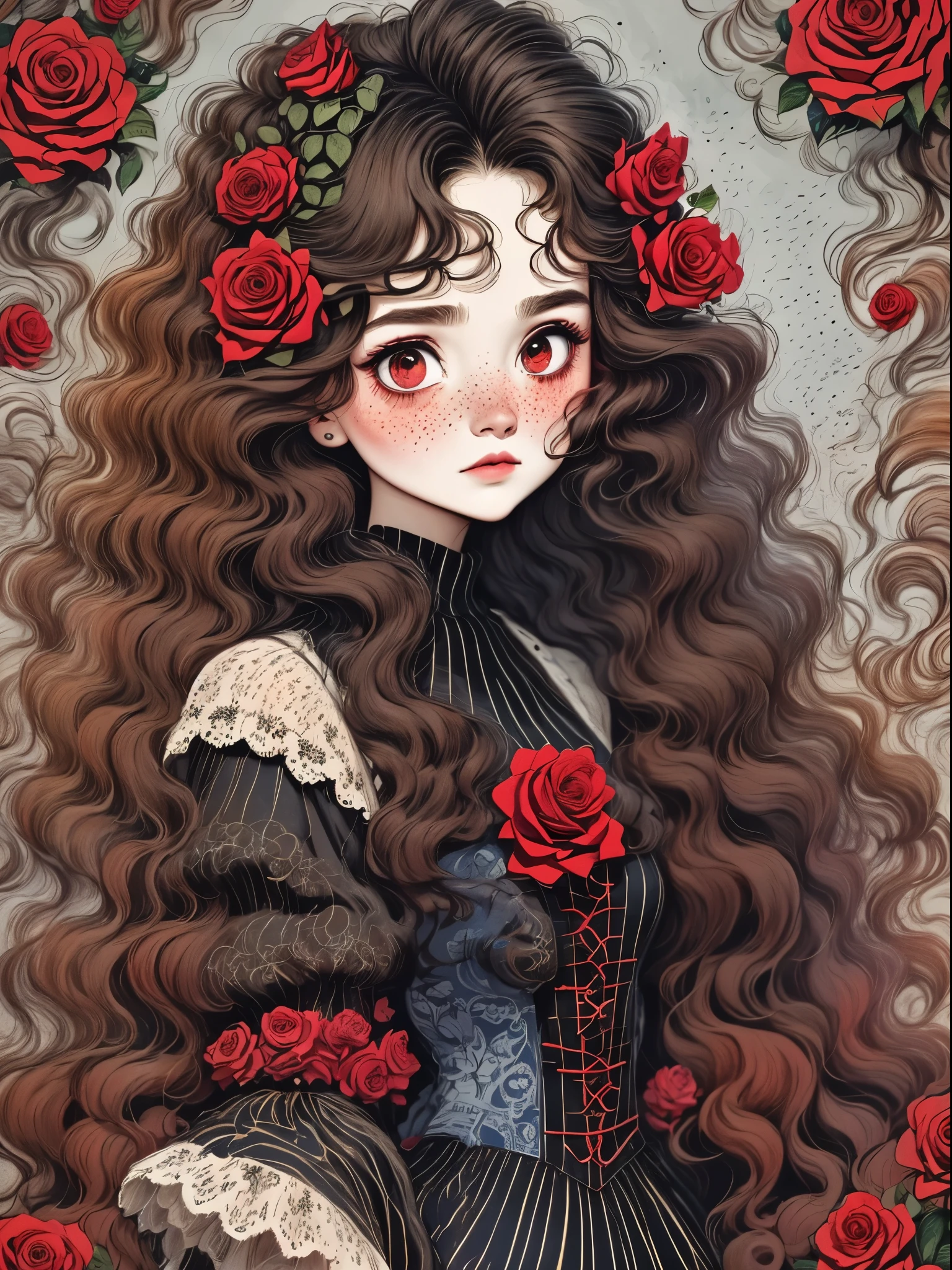 （best quality，masterpiece：1.2，detailed details，4k），（girl, wavy long hair，red头发，big ear，big eyes，small freckles，exaggerated expression，），（roses，Gothic），（vaporwave，transpiration，gas，steampunk gothic victorian style）, deep emotions, enthusiasm, red，black，blue, Rose background， blue烟雾背景，Smoke lines，Devour