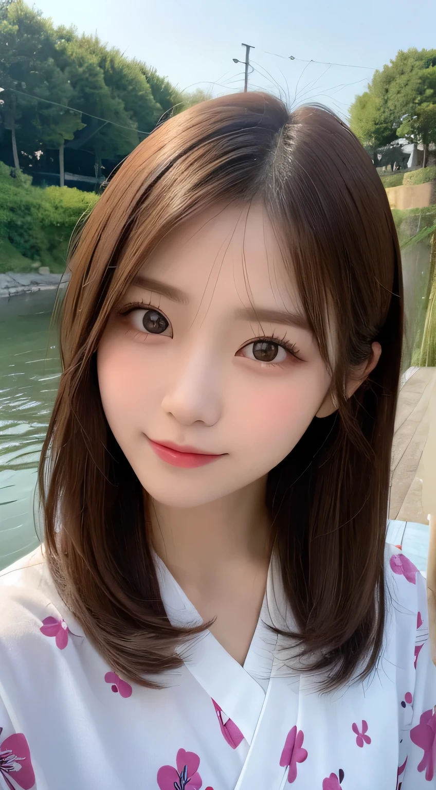 table top, highest quality, shape, Super detailed, finely, High resolution, 16k, perfect dynamic composition, straight hair, medium hair, brown hair,natural color lip, smile, 20歳のgirl、cute、beautiful、完璧でbeautiful顔, beautiful and detailed face, slim face and body, Elegant face, KPOP idol face、Japanese idol faces、small face、Big eyes, brown eyes, droopy eyes, 緻密でbeautiful目, girl, No bangs, near the river、yukata、