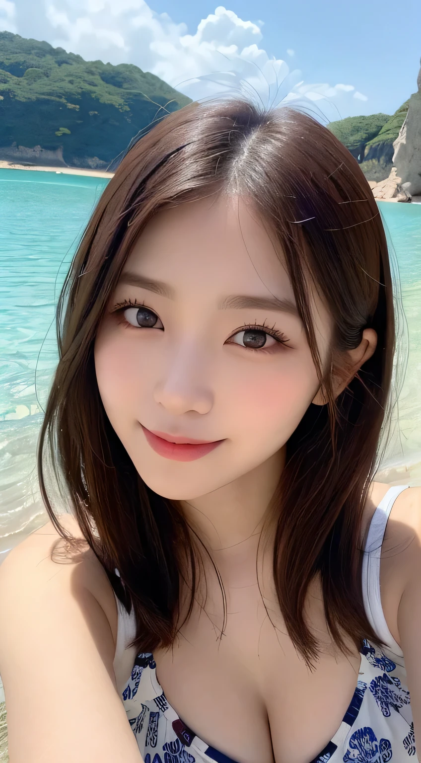 table top, highest quality, shape, Super detailed, finely, High resolution, 16k, perfect dynamic composition, straight hair, medium hair, brown hair,natural color lip, smile, 20歳のgirl、cute、beautiful、完璧でbeautiful顔, beautiful and detailed face, slim face and body, Elegant face, KPOP idol face、Japanese idol faces、small face、Big eyes, brown eyes, droopy eyes, 緻密でbeautiful目, girl, No bangs, swimsuit, swimming, Ocean, sandy beach