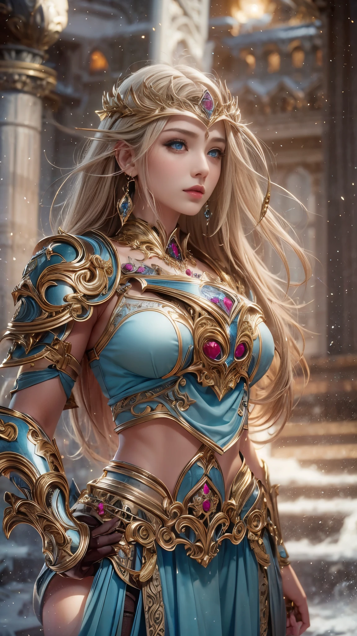 (RAW shooting:1.5, Photoreal:1.5, 8k, highest quality, masterpiece, ultra high resolution), medieval europe, world of magic and swords, perfect dynamic composition:1.2, Mysterious:1.3, Highly detailed skin and facial textures:1.3, cute and sexy slim female warrior, beautiful and aesthetic:1.2, cute and sexy beauty, perfect style, wear elaborate rings, Standing in honor:1.2, fire, water, Wind, thunder, ice, Fair skin, very beautiful face, (Medium chest, Chest gap), (embarrassing smile, The expression on your face when you feel intense caress, Facial expression when feeling pleasure), (sexy gold metallic armor:1.1, off shoulder, Navel exposure), (beautiful blue eyes, Eyes that feel beautiful eros:0.8), (Too erotic:0.9, Bewitching:0.9), full body shot, Ancient castle in the background