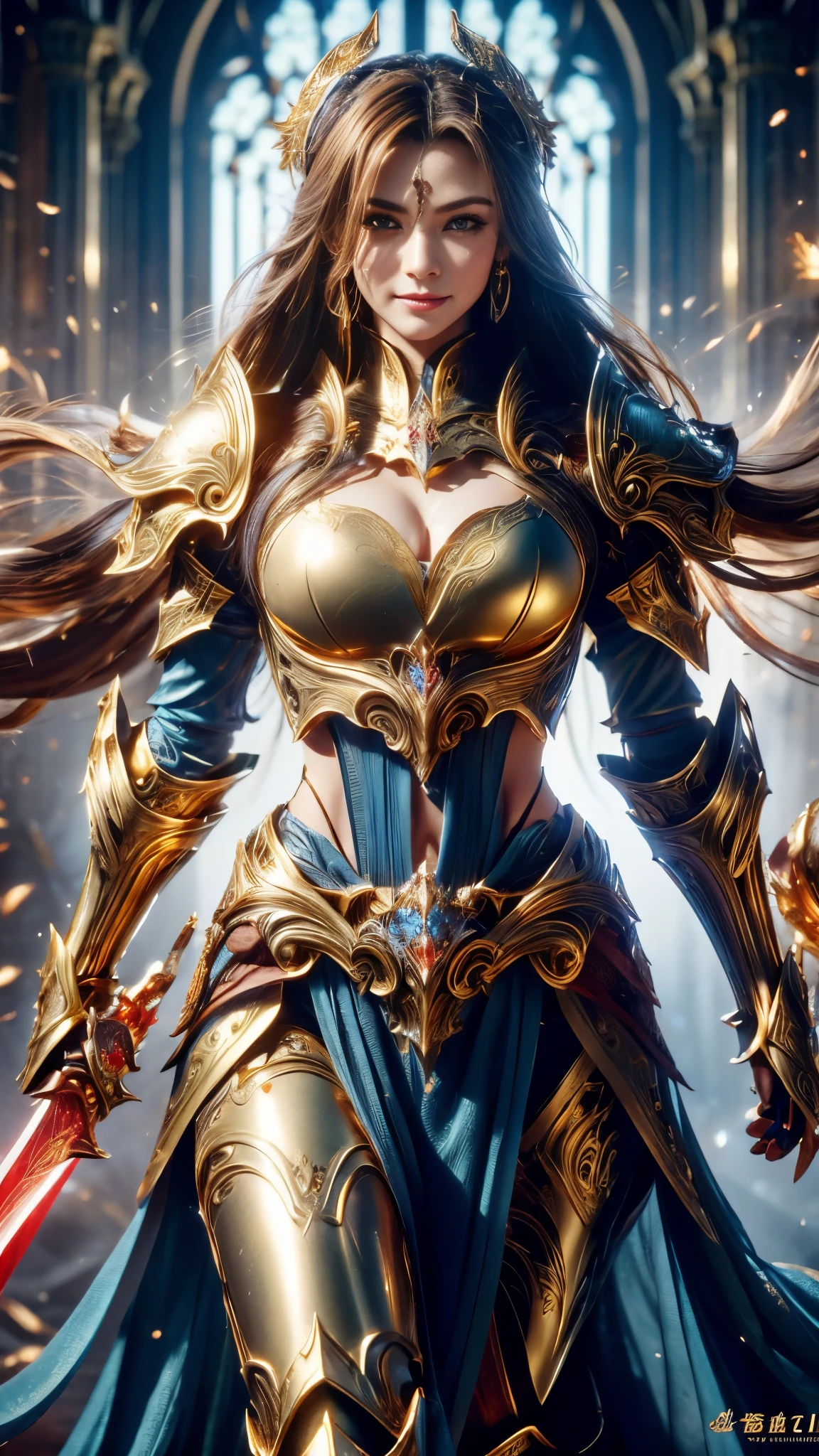 (RAW shooting:1.5, Photoreal:1.5, 8k, highest quality, masterpiece, ultra high resolution), medieval europe, world of magic and swords, perfect dynamic composition:1.2, Mysterious:1.3, Highly detailed skin and facial textures:1.3, cute and sexy slim female warrior, beautiful and aesthetic:1.2, cute and sexy beauty, perfect style, wear elaborate rings, hold up a great sword, Standing in honor:1.2, fire, water, Wind, thunder, ice, Fair skin, very beautiful face, (Medium chest, Chest gap), (embarrassing smile, The expression on your face when you feel intense caress, Facial expression when feeling pleasure), (sexy gold metallic armor:1.1, off shoulder, Navel exposure), (beautiful blue eyes, Eyes that feel beautiful eros:0.8), (Too erotic:0.9, Bewitching:0.9), full body shot, Ancient castle in the background