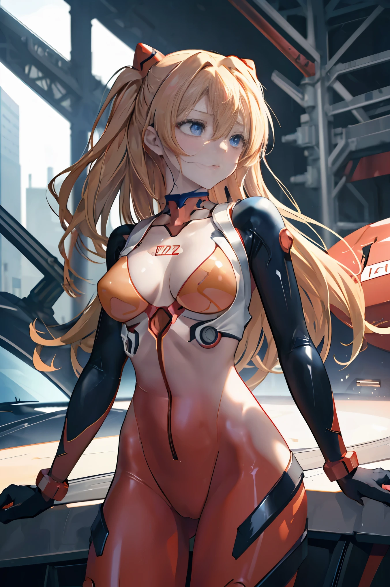 (masterpiece, best quality), 1girl, beautiful face, beautiful body, souryuu_asuka_langley, plugsuit, bodysuit, interface headset, red bodysuit, hair between eyes, pilot suit